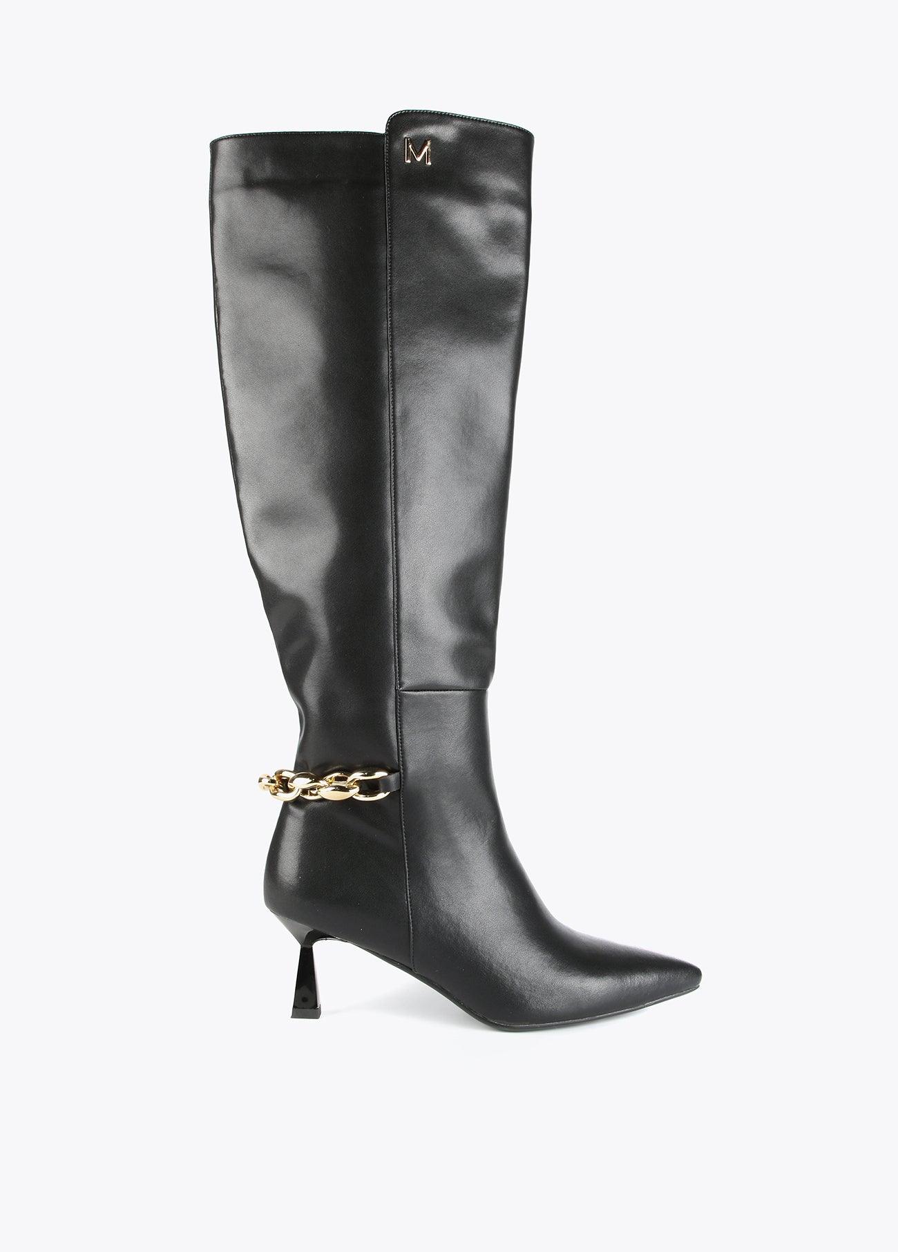 32433001-Knee-high leather boots with chain-Black