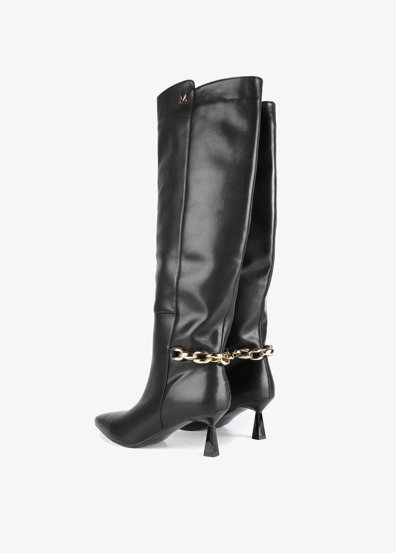 32433001-Knee-high leather boots with chain-Black