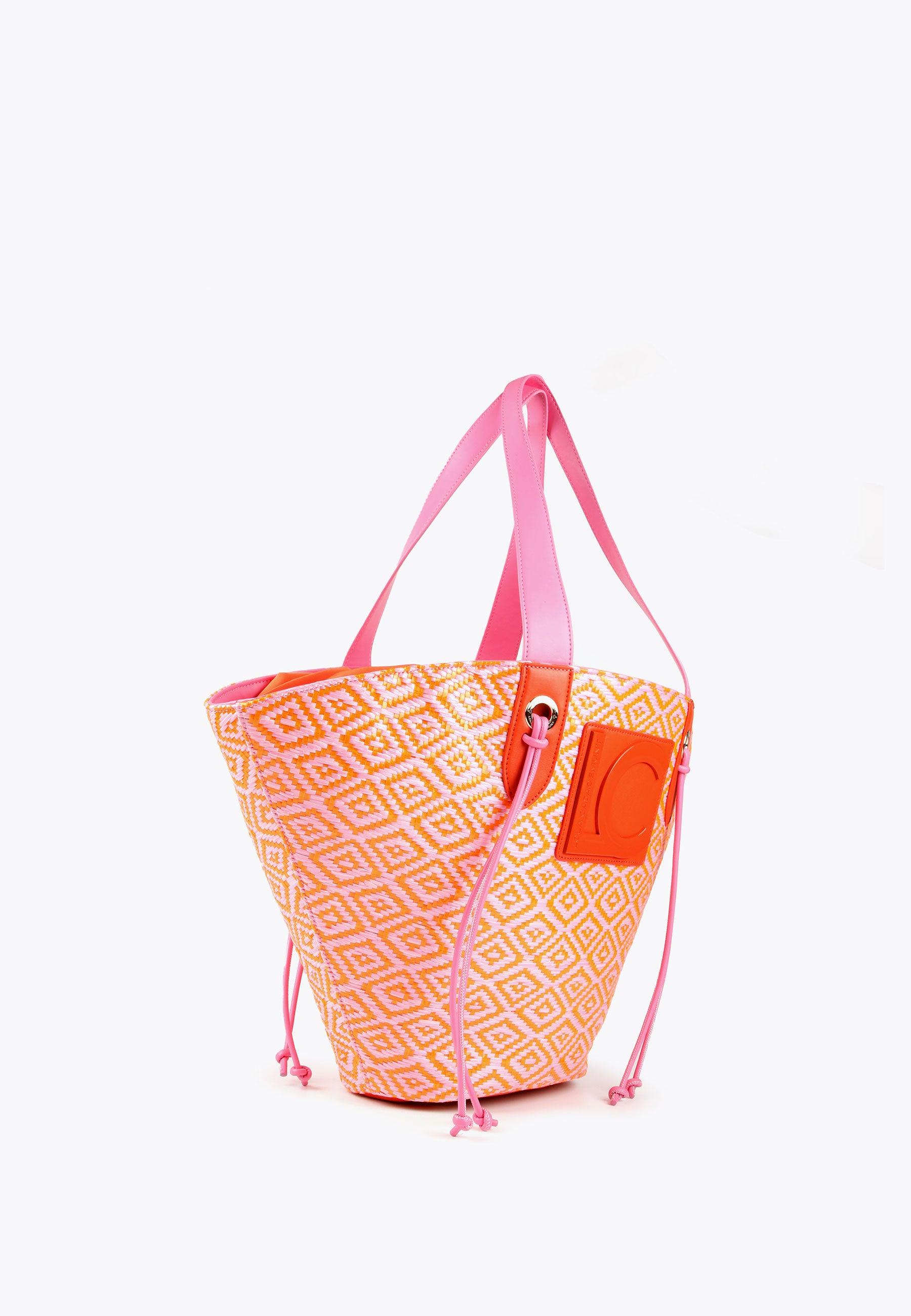 LS2404002-Pink-Orange-Two-tone basket-style tote bag