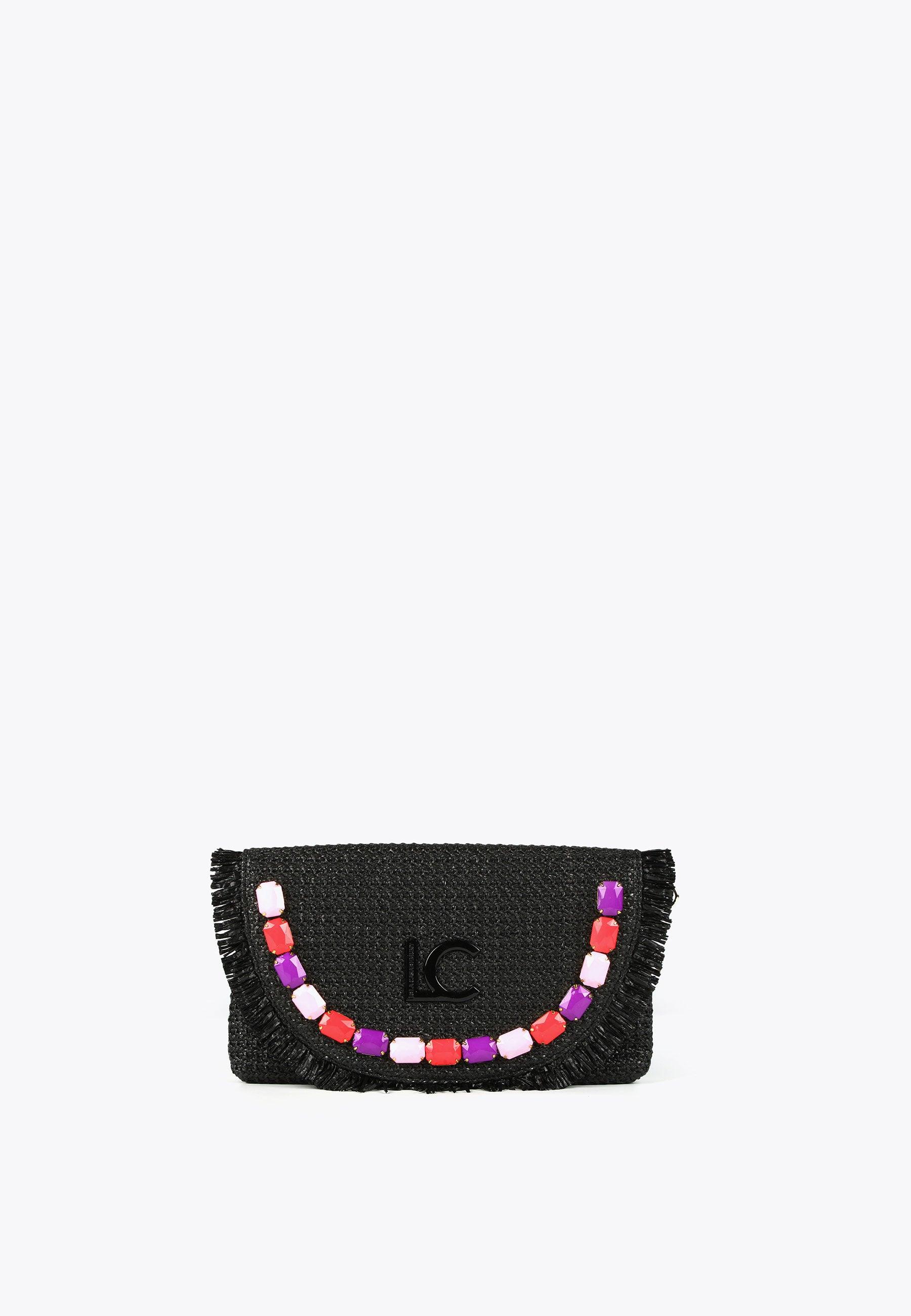 LS2404037-Black-Pink-Handbag with colourful stones