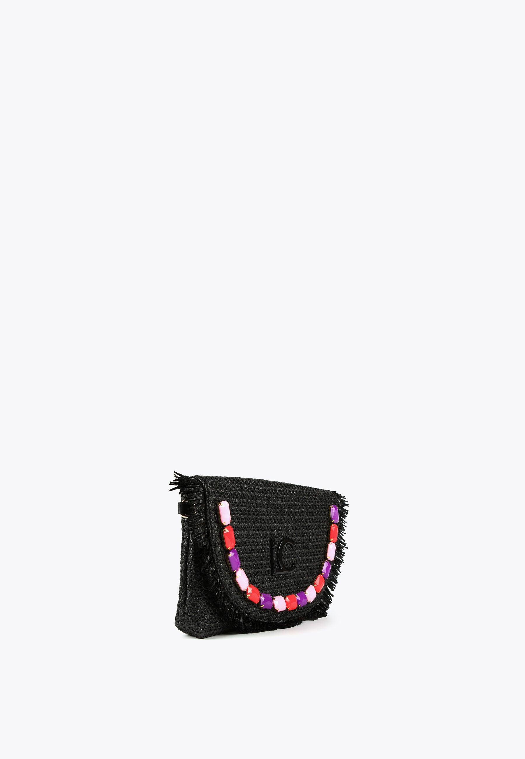 LS2404037-Black-Pink-Handbag with colourful stones