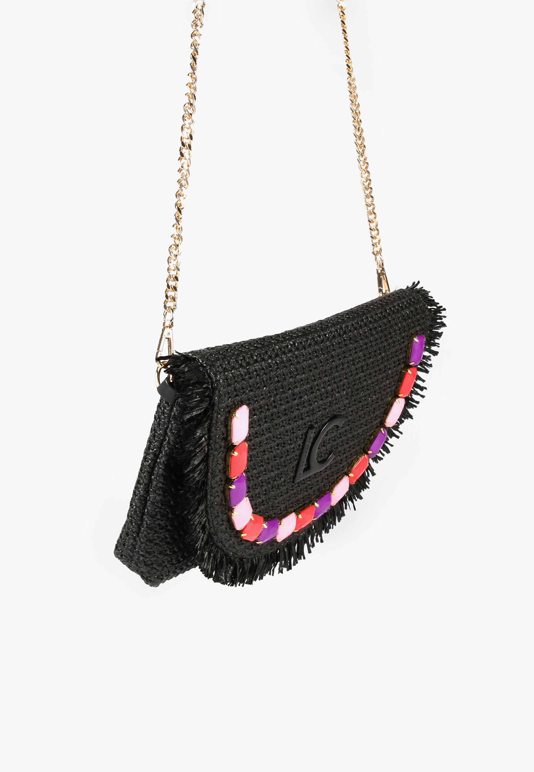 LS2404037-Black-Pink-Handbag with colourful stones