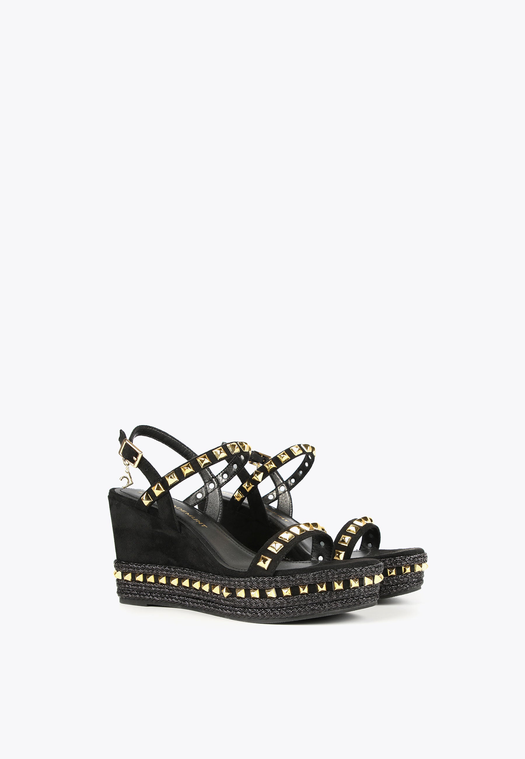 LS2405011-Black-Ecru-Black wedge sandals with golden studs