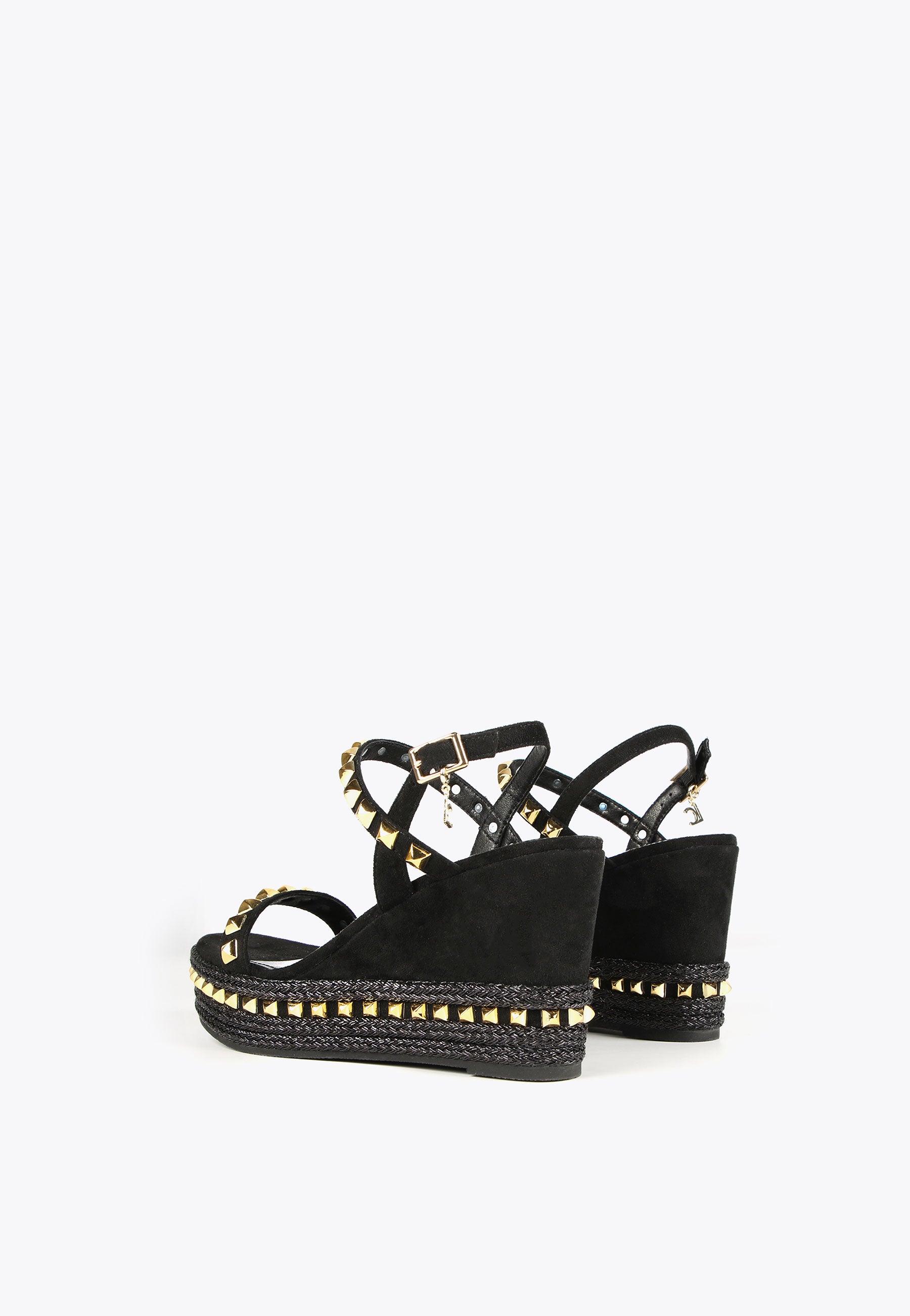 LS2405011-Black-Ecru-Black wedge sandals with golden studs