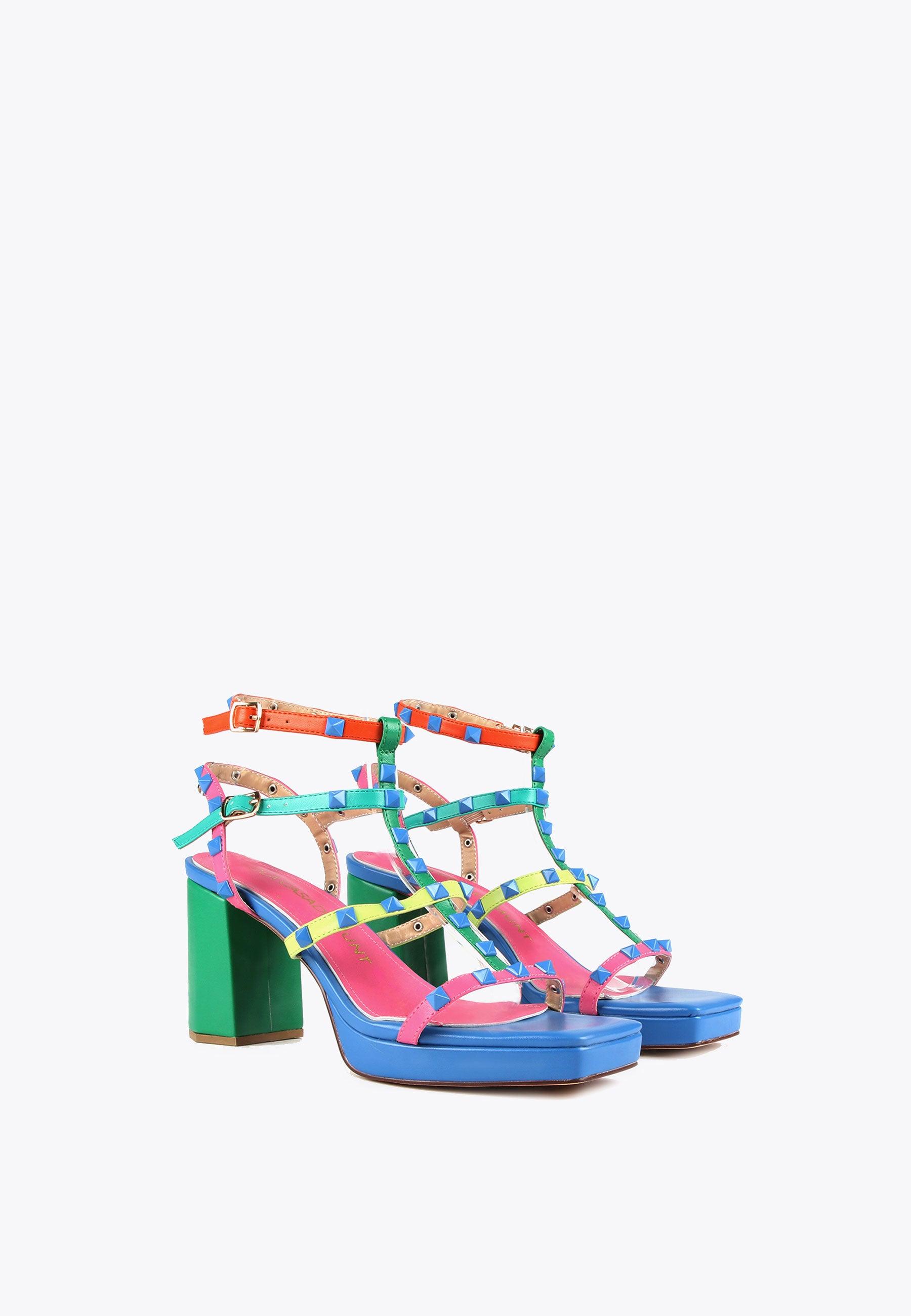 LS2405031-Green-Pink-Heeled sandals with multicoloured straps