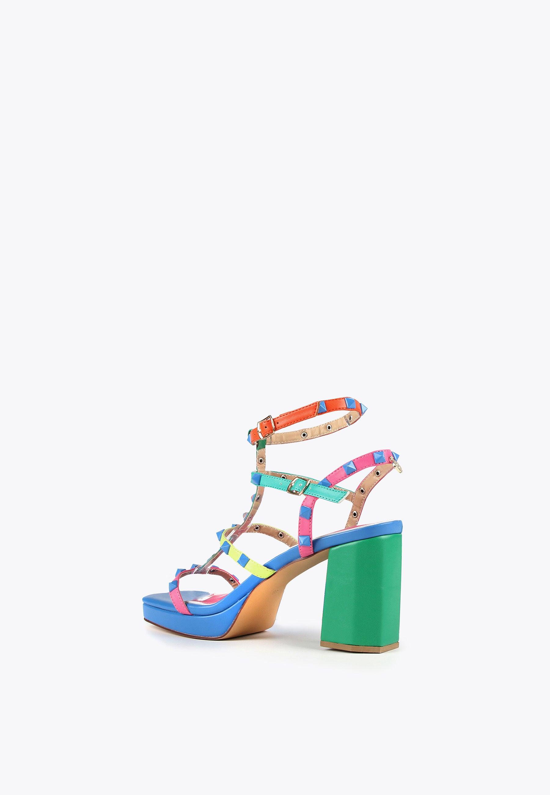 LS2405031-Green-Pink-Heeled sandals with multicoloured straps