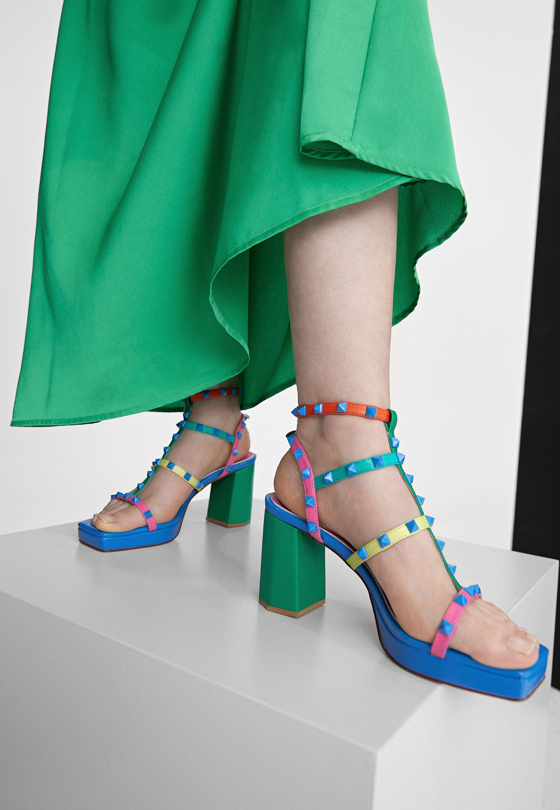 LS2405031-Green-Pink-Heeled sandals with multicoloured straps