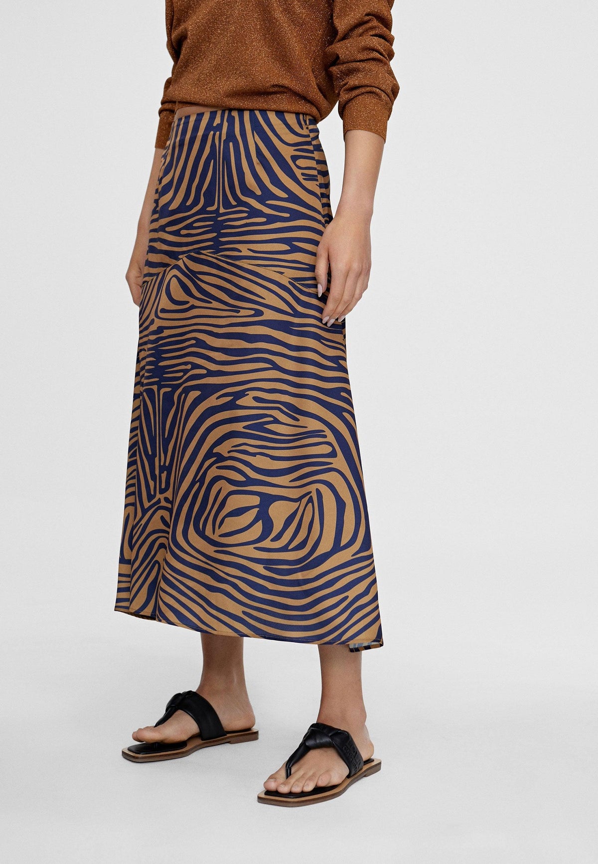 LS2408008-Brown-Blue-Zebra print midi skirt