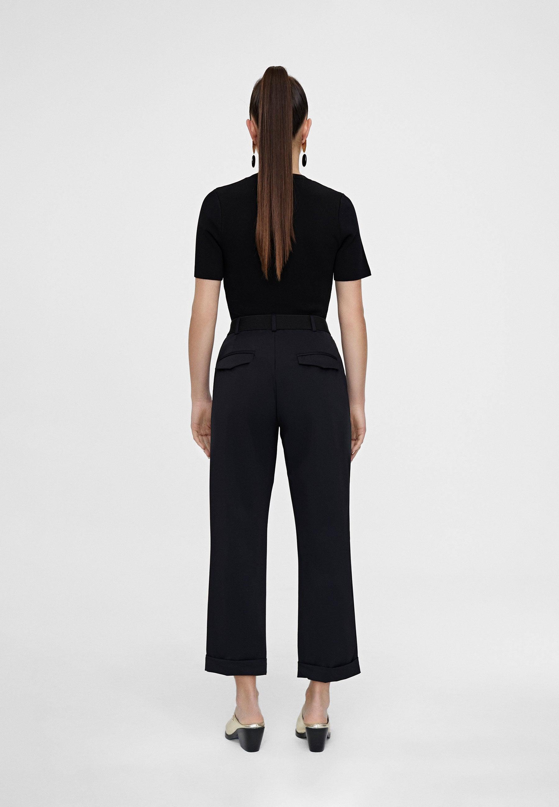 LS2414015-Black-Cropped trousers with turn-up hems