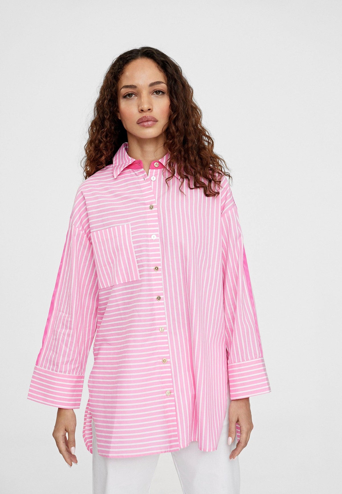 LS2415016-Pink-White-Oversize striped shirt