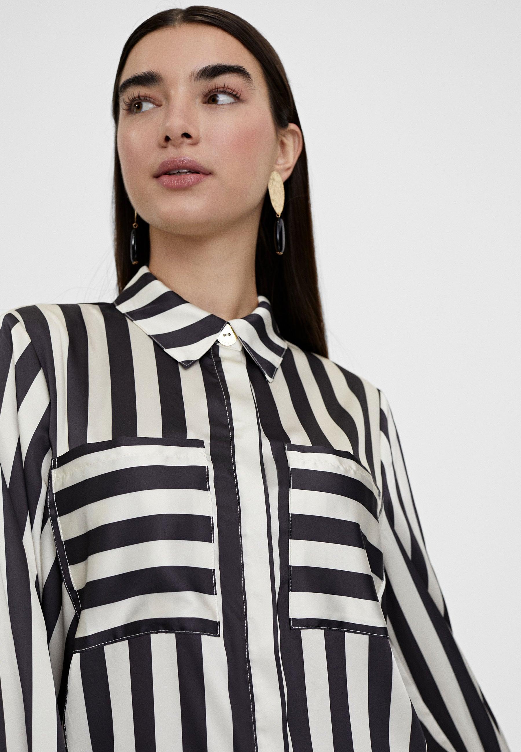 LS2415017-Black-White-Flowing striped shirt