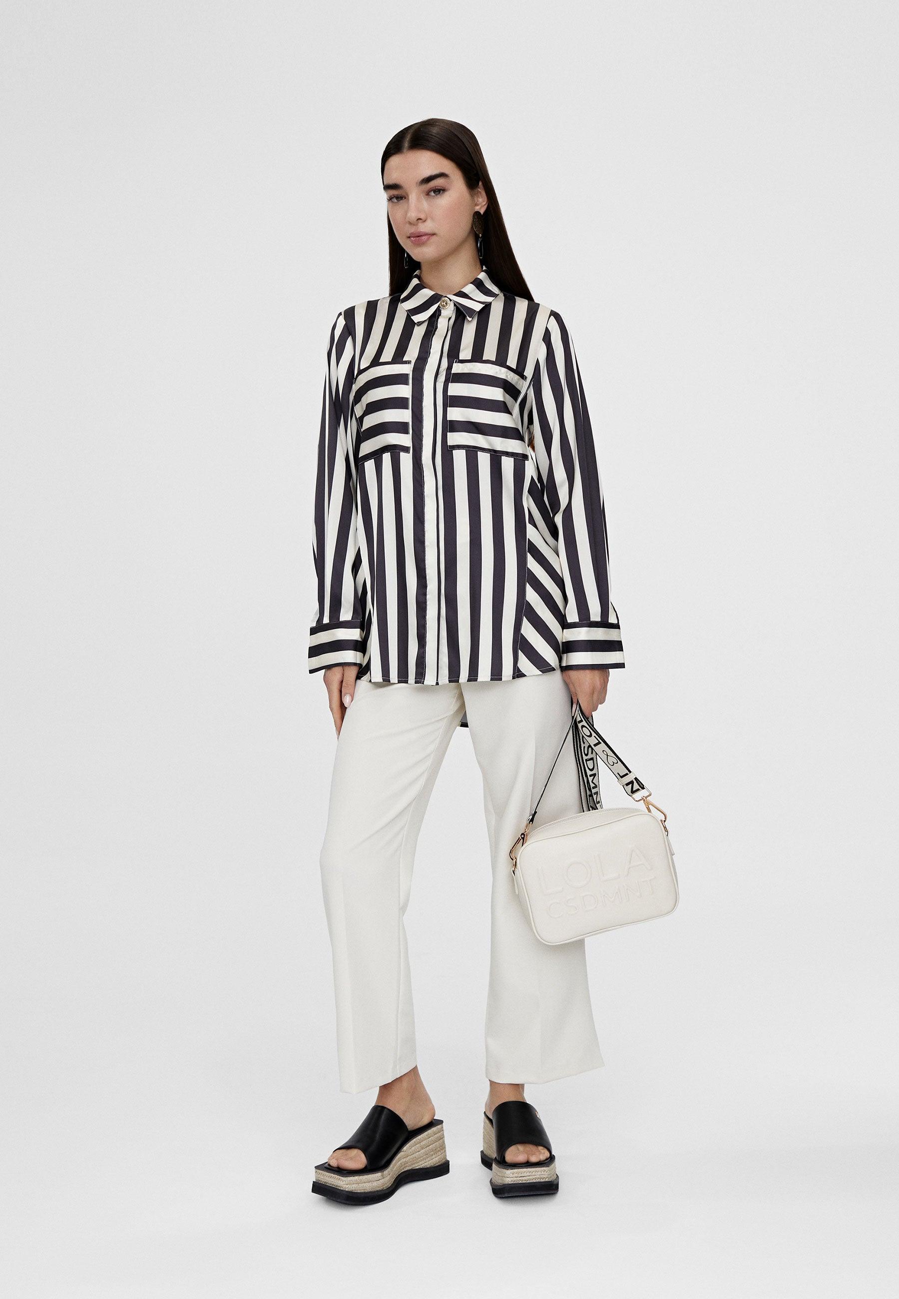 LS2415017-Black-White-Flowing striped shirt