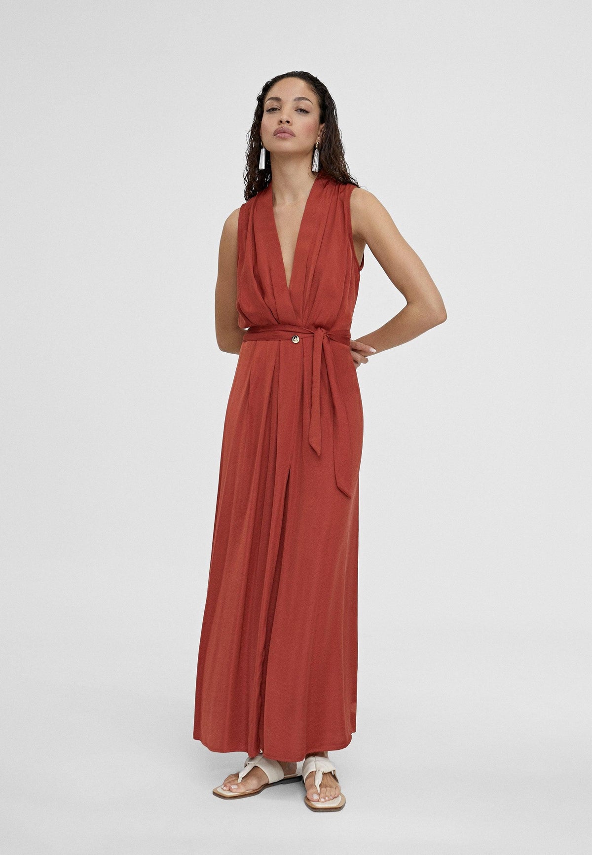 LS2416003-Brick-Long V-neck dress