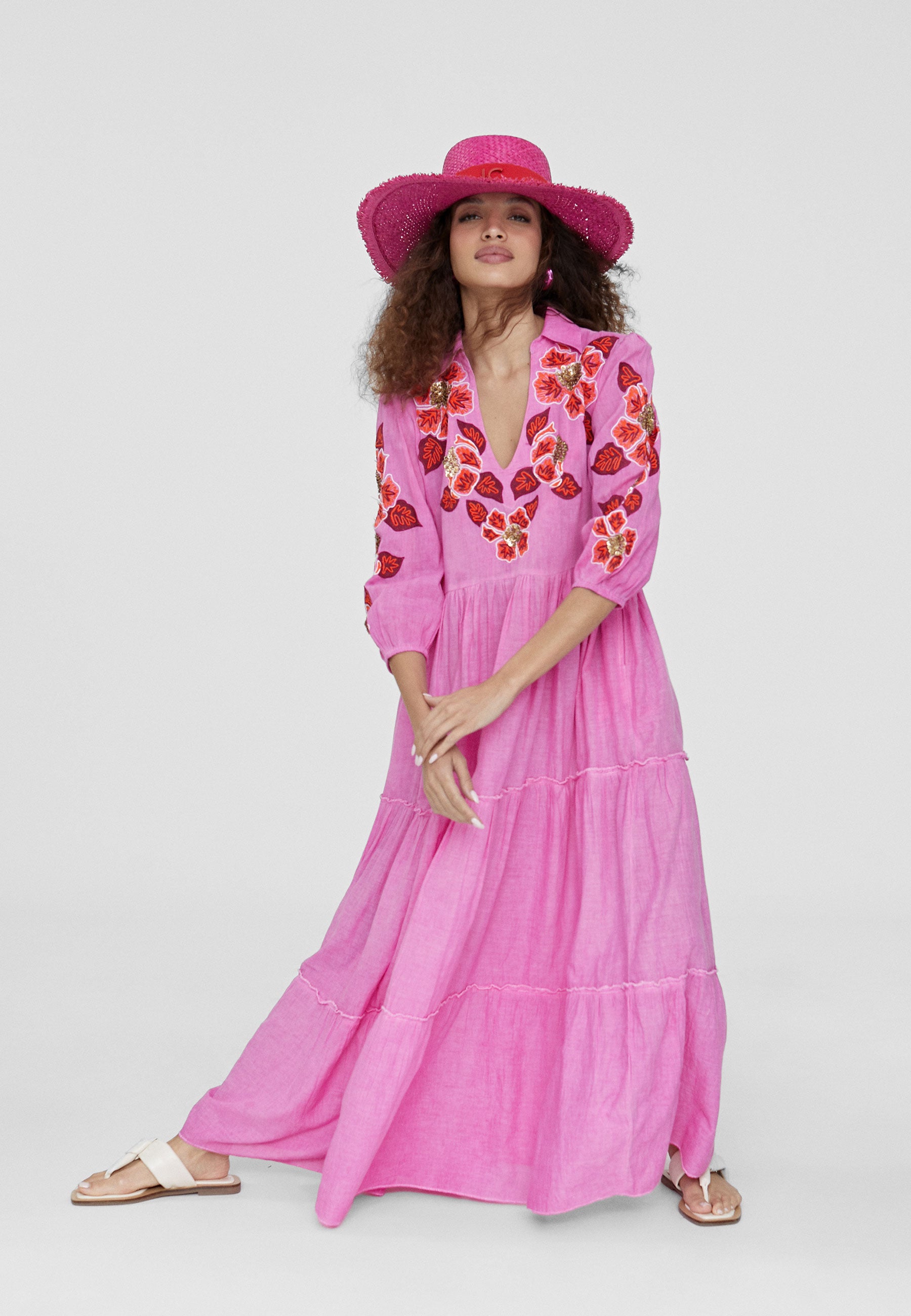 LS2416026-Fuchsia-Long embroidered caftan