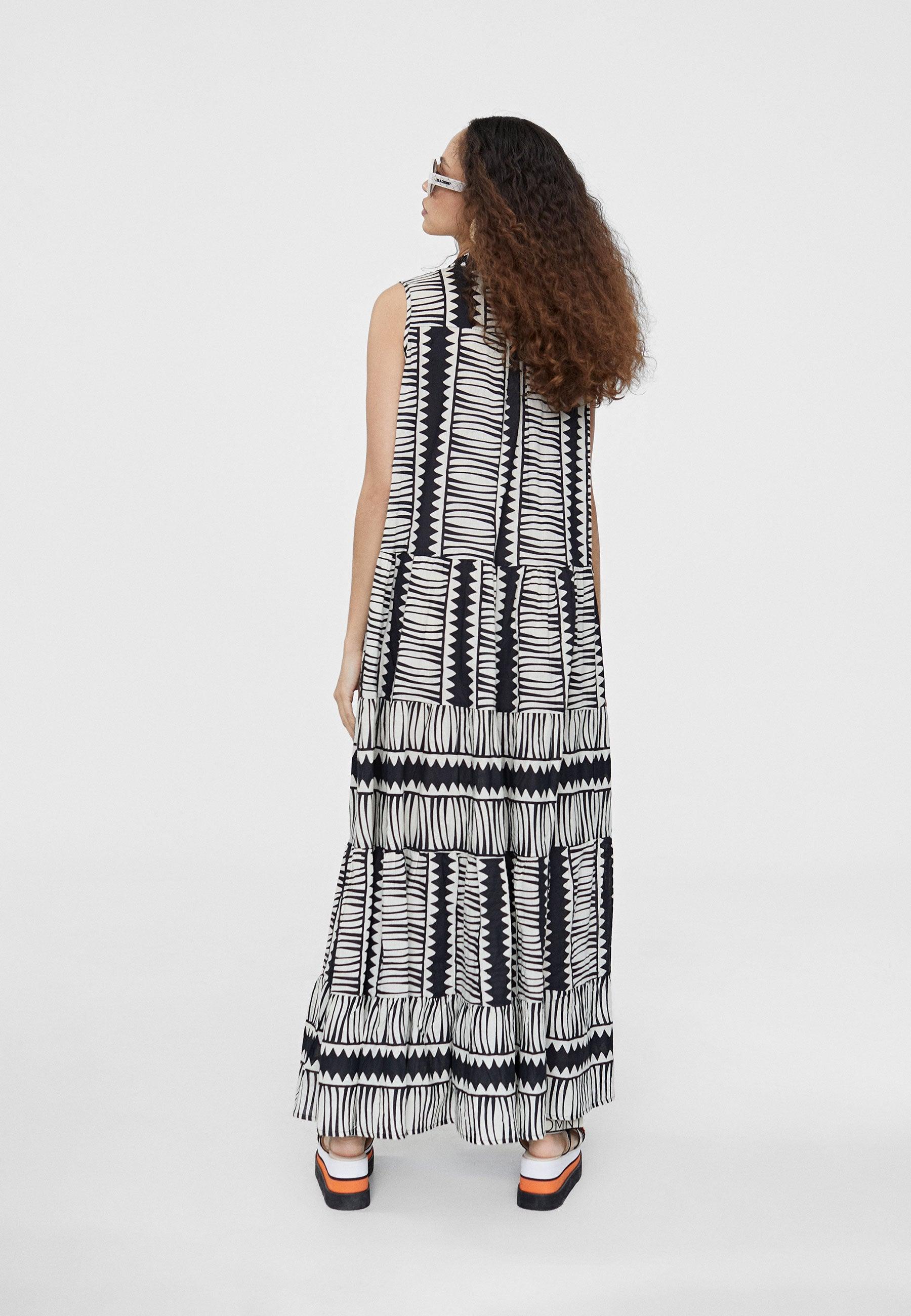 LS2416031-Black-White-Long ethnic print dress