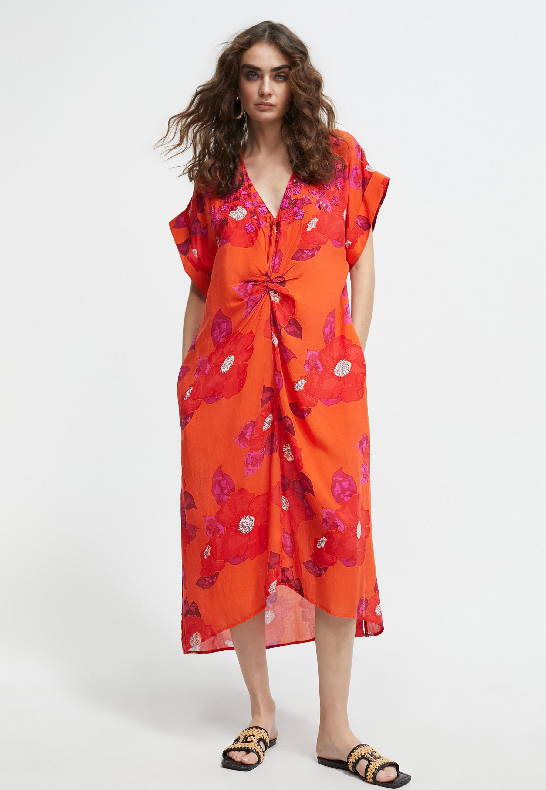 LS2416044-Orange-Pink-Printed knotted caftan