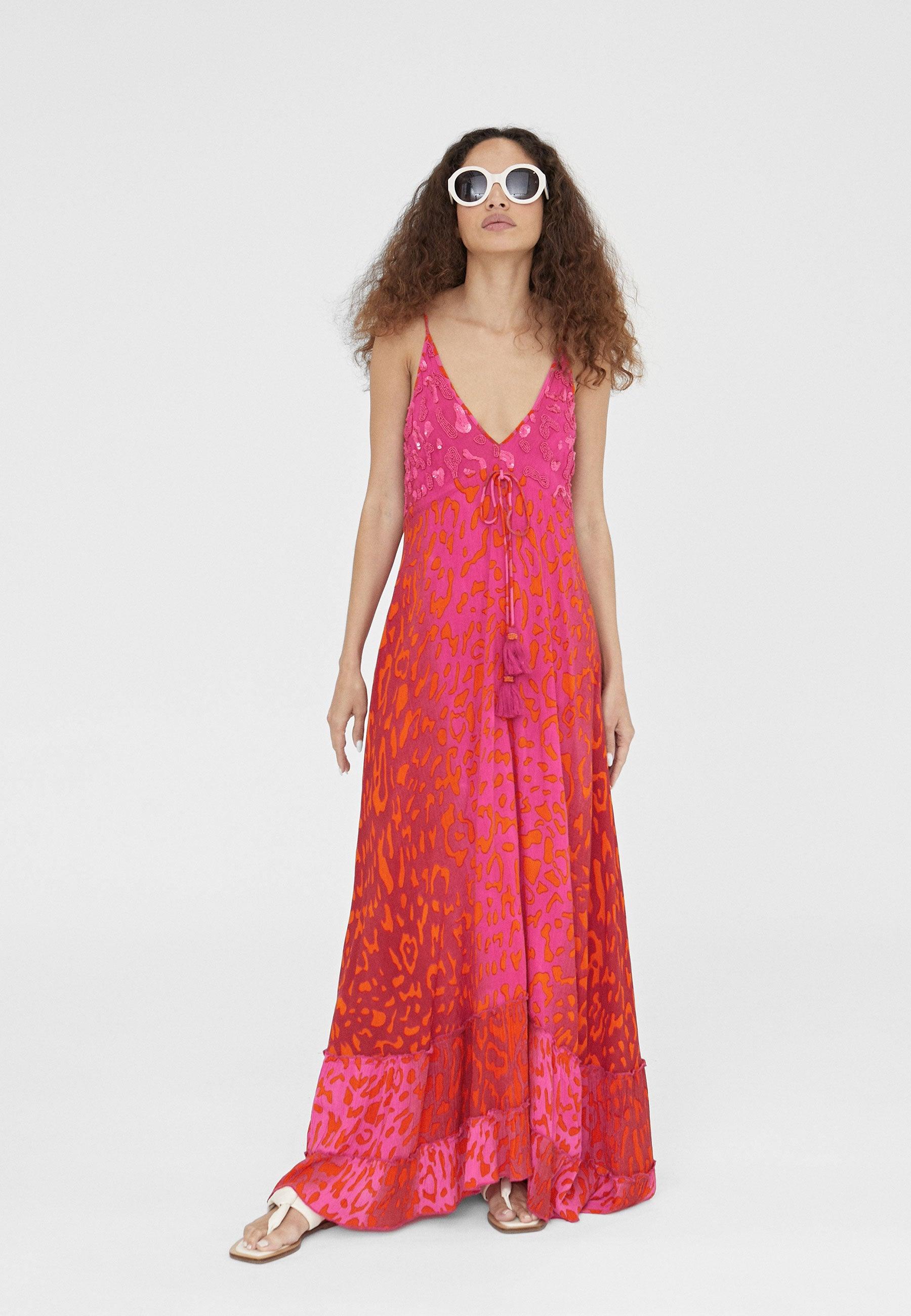 LS2416047-Pink-Long animal print dress