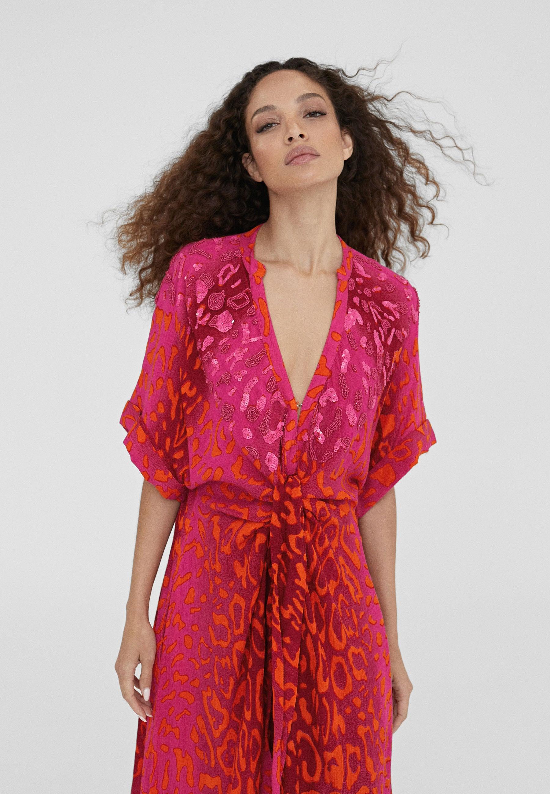 LS2416048-Pink-Long animal print caftan