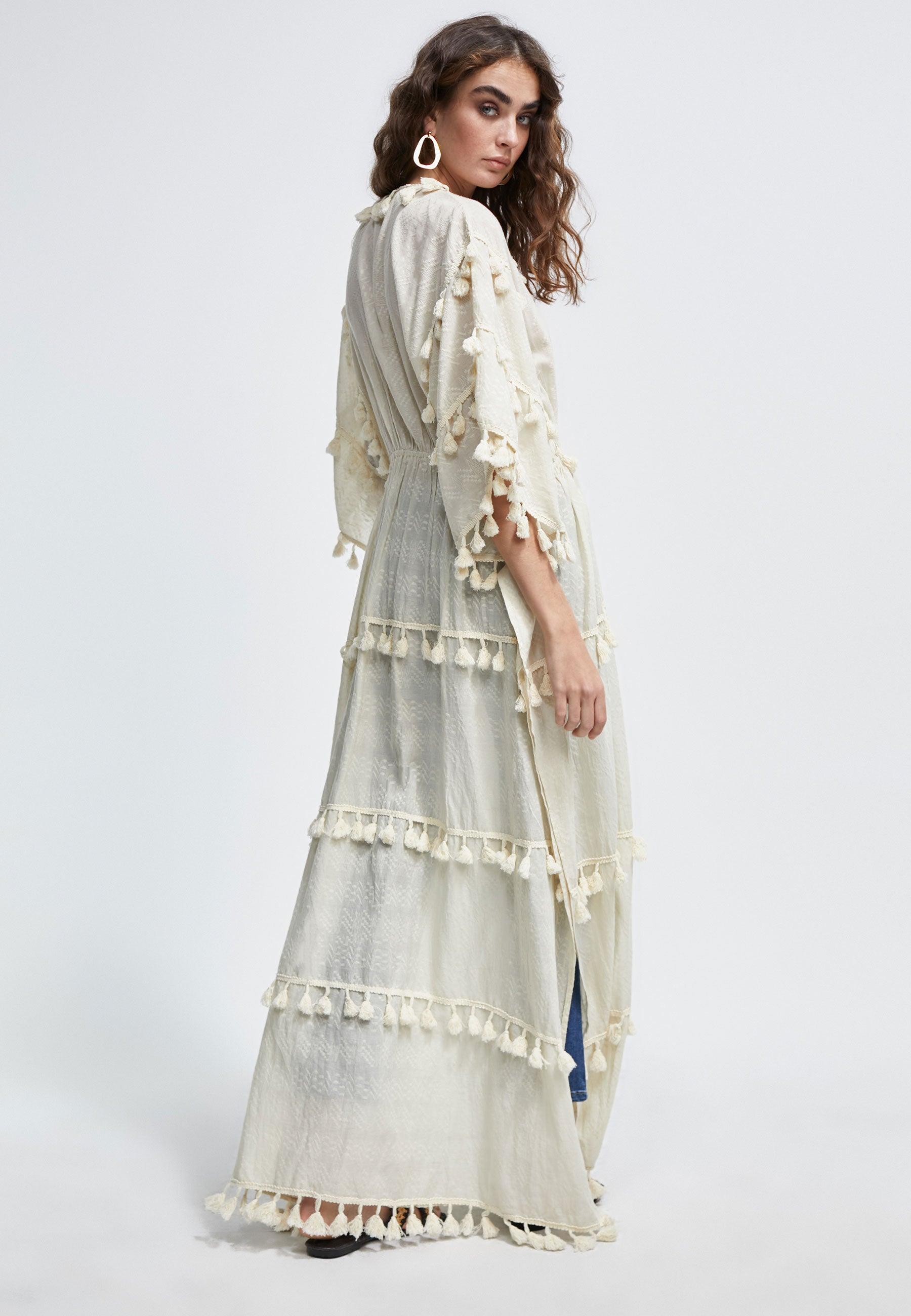 LS2416055-Ecru-Long caftan with pompoms