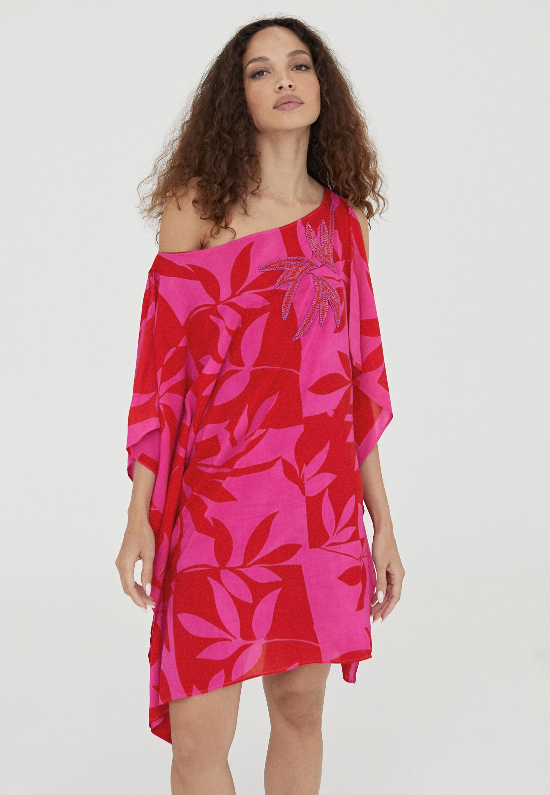 LS2416069-Red-Pink-Short printed caftan