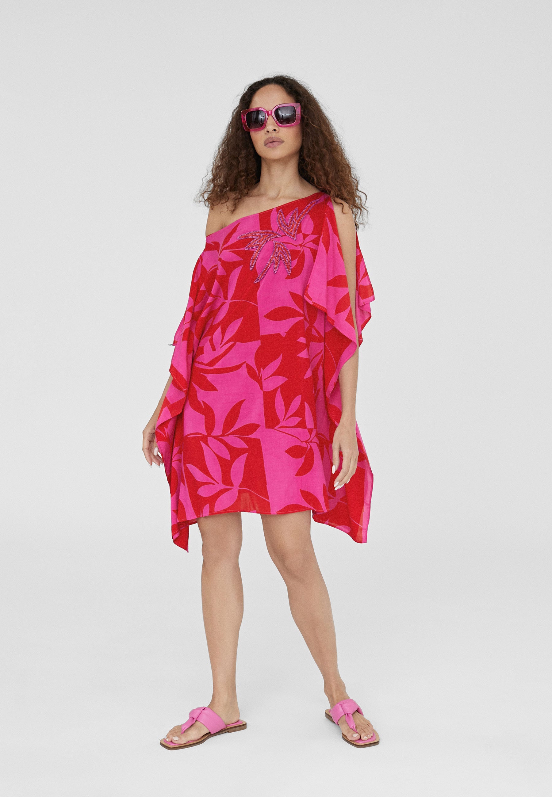 LS2416069-Red-Pink-Short printed caftan