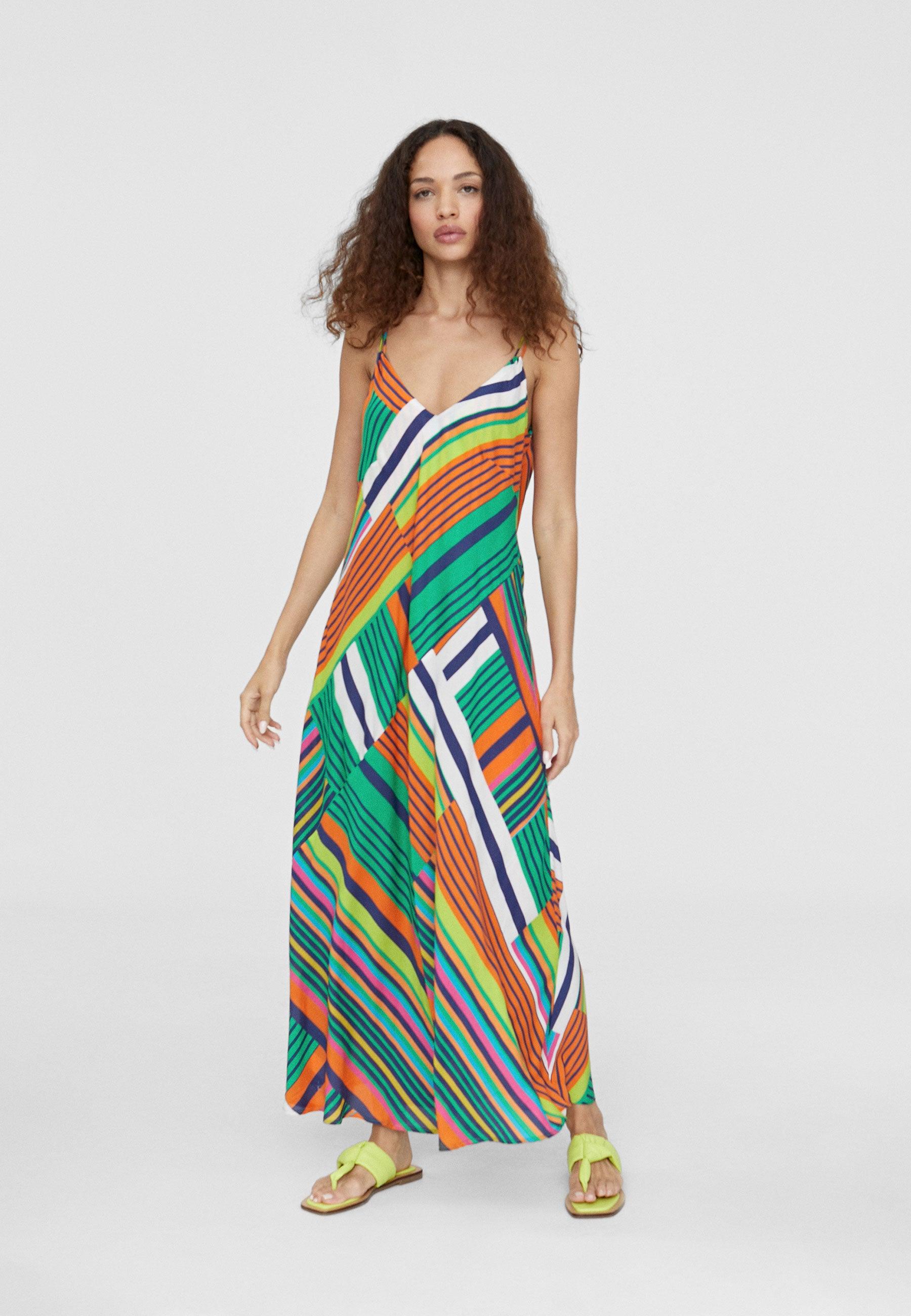 LS2416081-Green-Orange-Long multicoloured dress