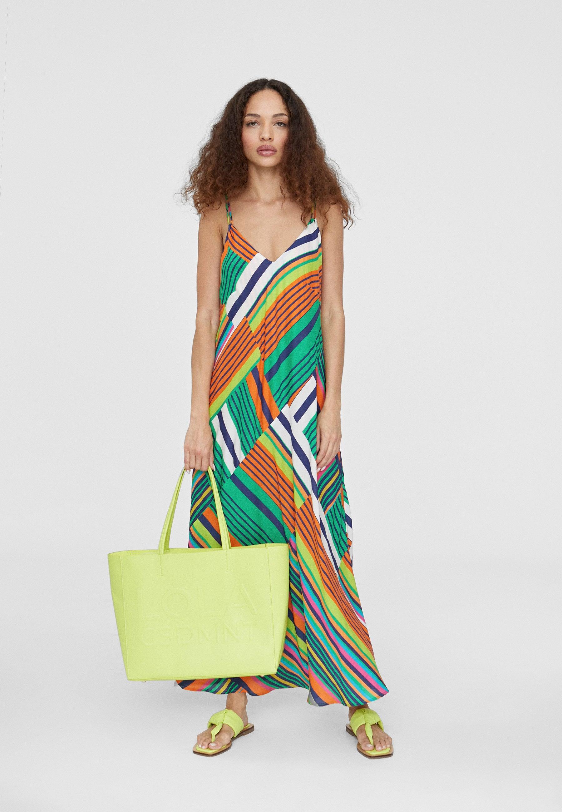 LS2416081-Green-Orange-Long multicoloured dress