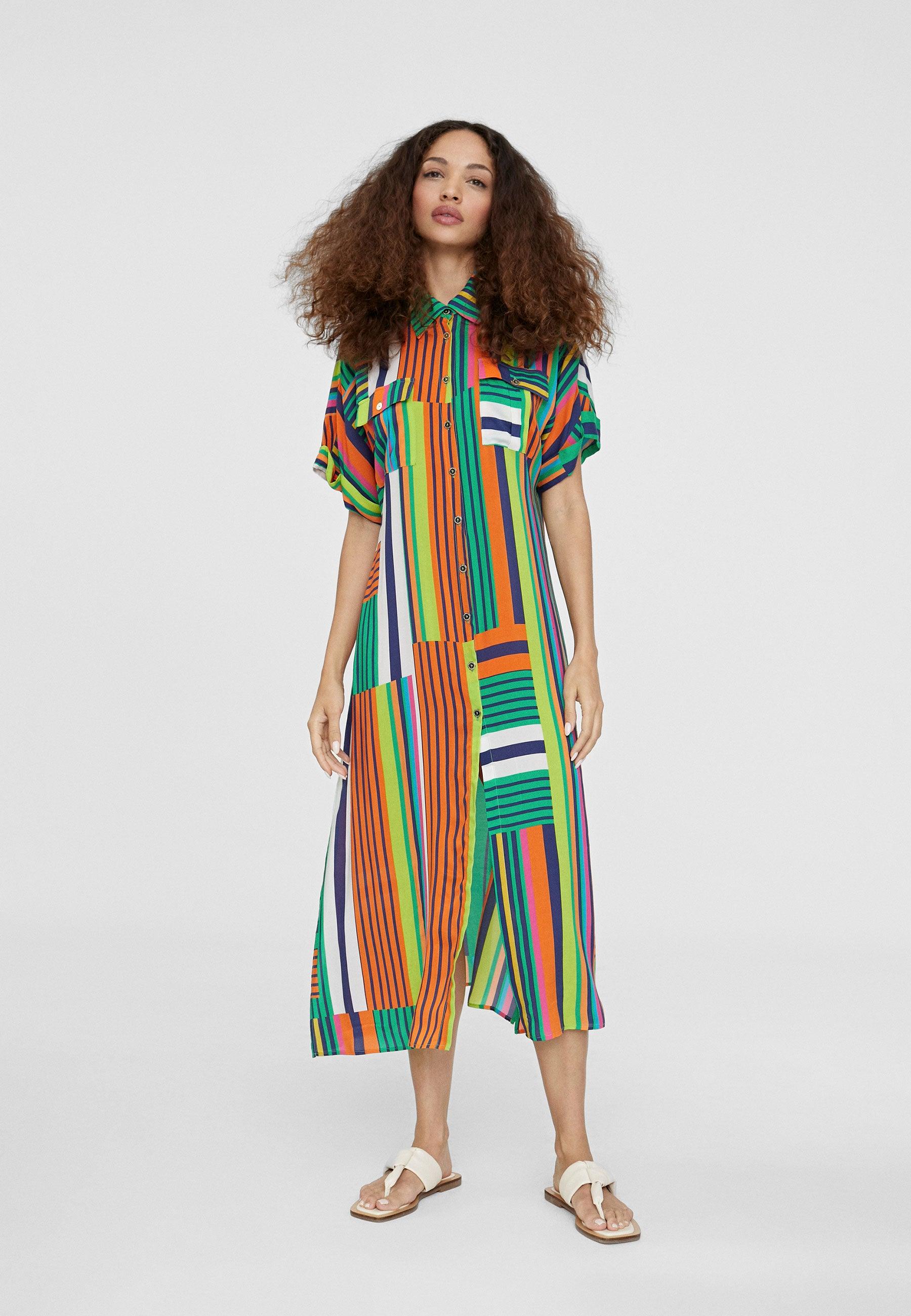 LS2416082-Green-Orange-Multicoloured shirt dress