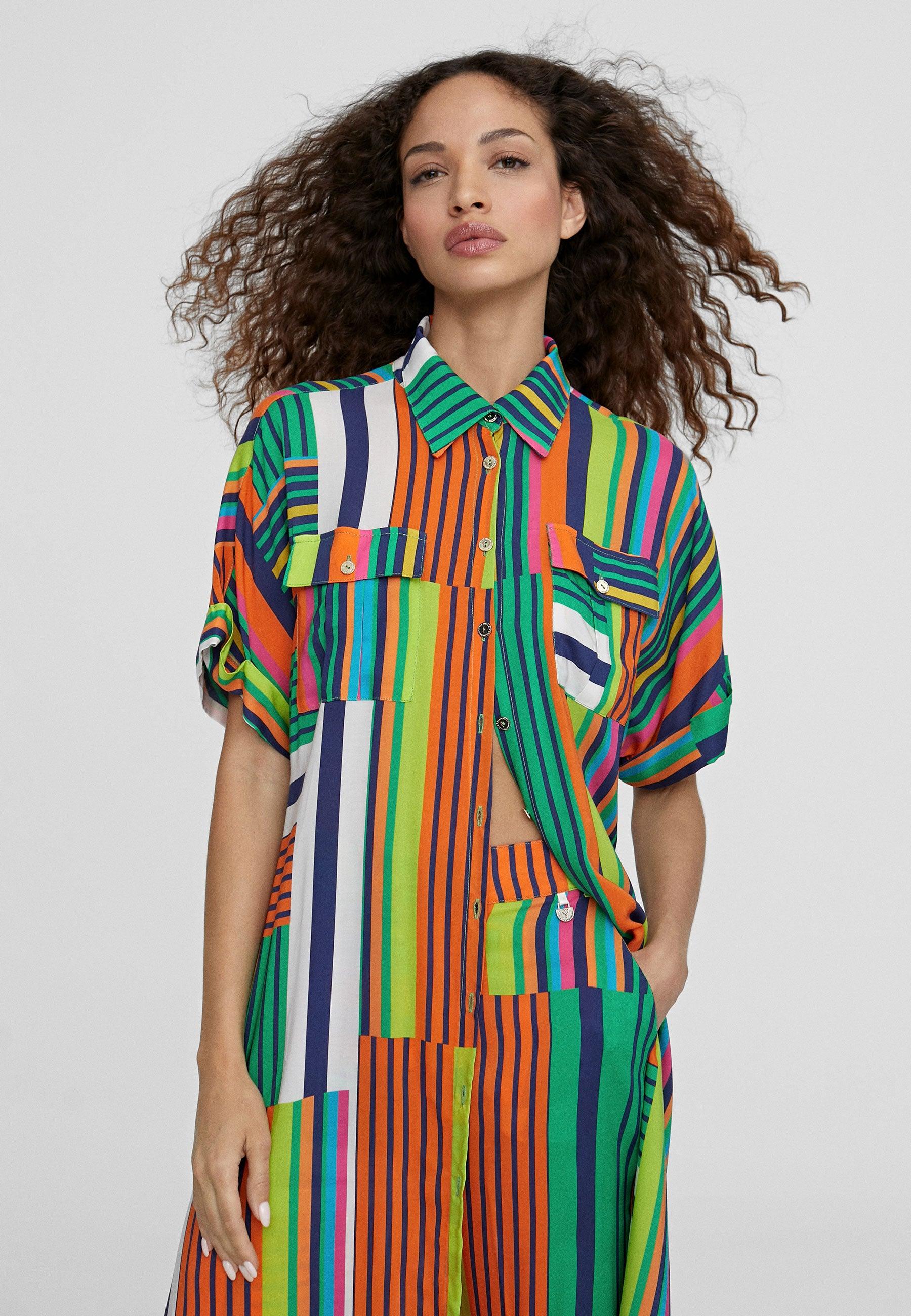 LS2416082-Green-Orange-Multicoloured shirt dress