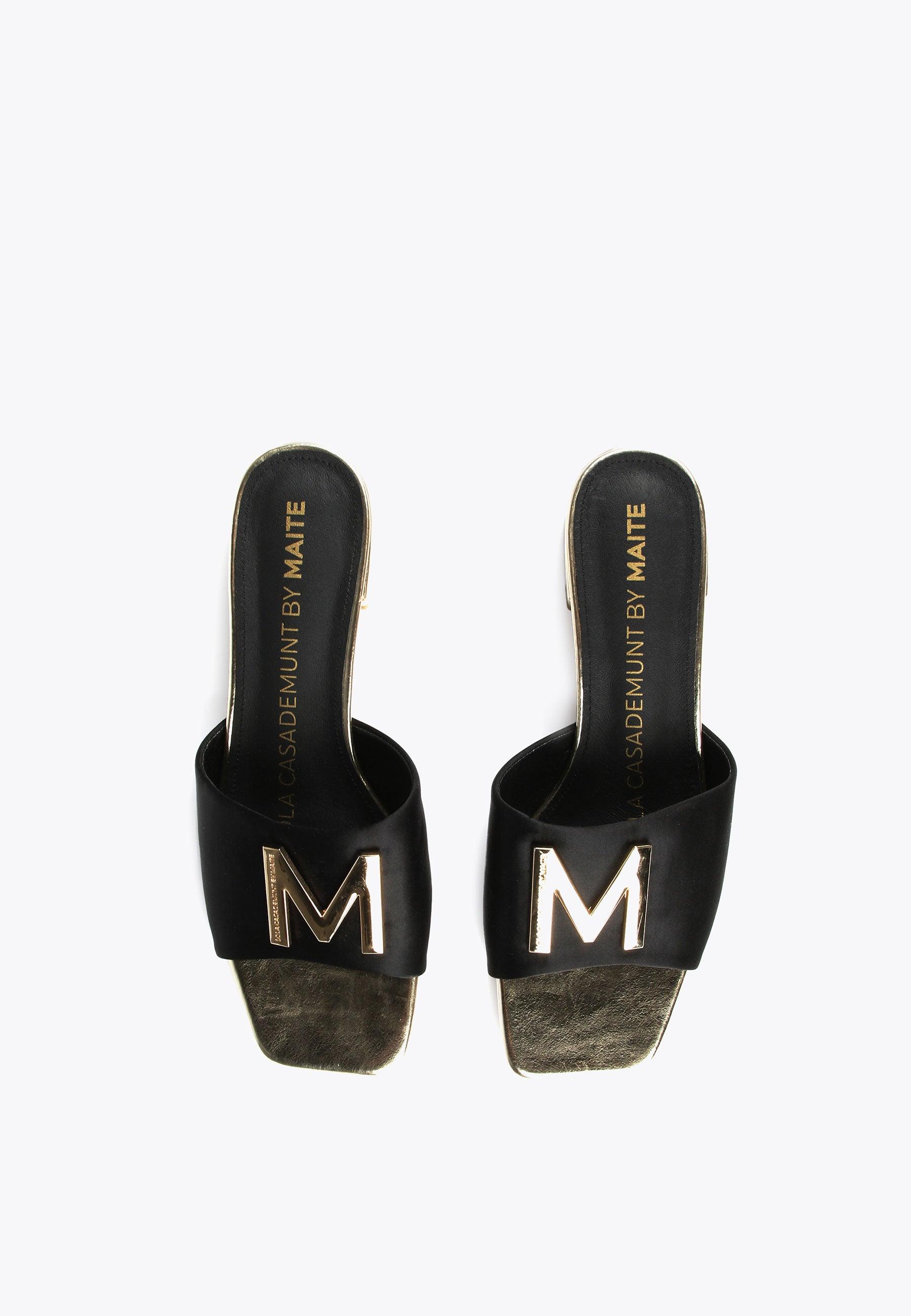 MS2405006-Black-Sateen sandals with golden maxi M