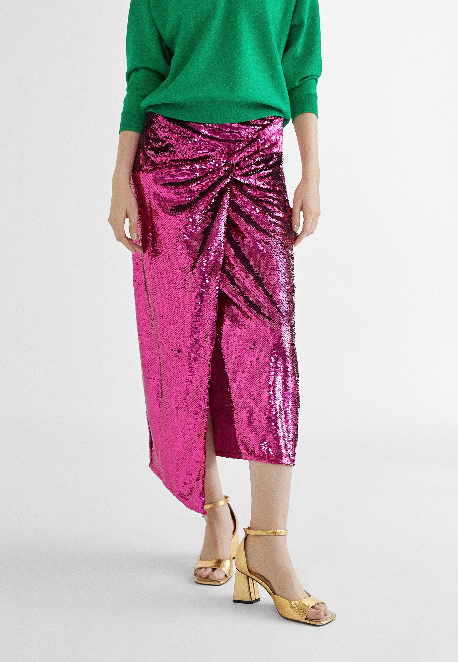 MS2408001-Pink-Sequinned skirt with slit