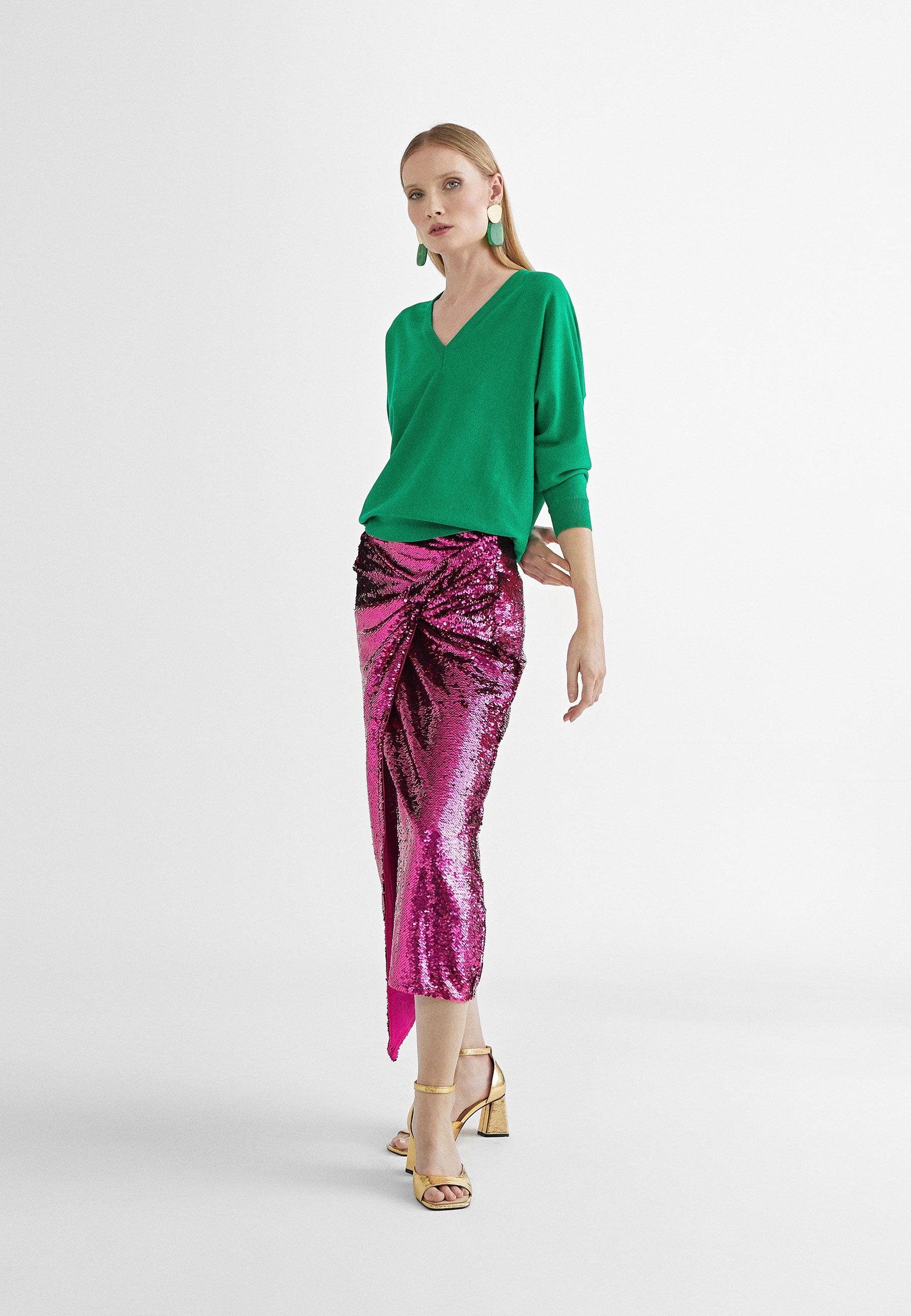 MS2408001-Pink-Sequinned skirt with slit