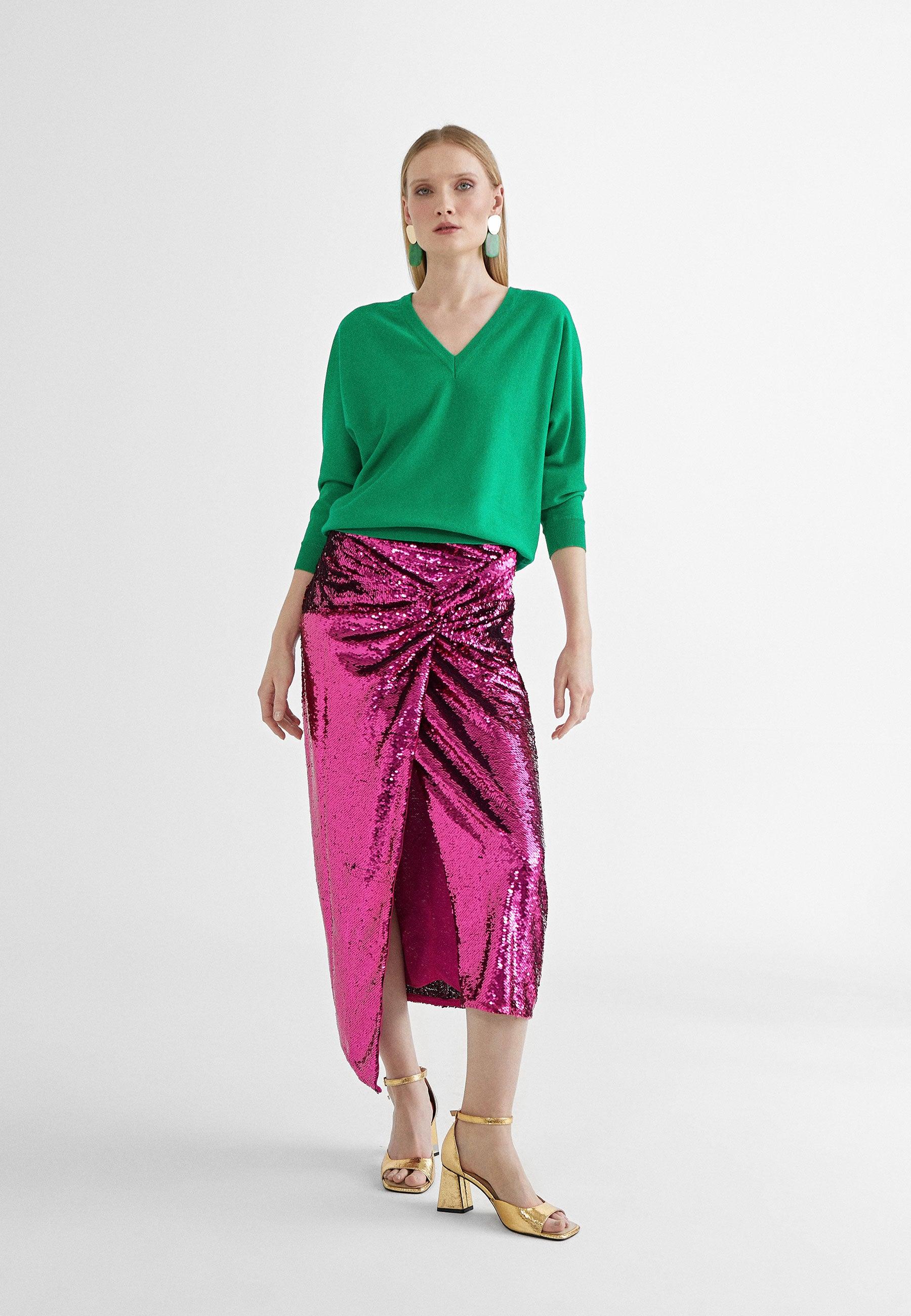 MS2408001-Pink-Sequinned skirt with slit