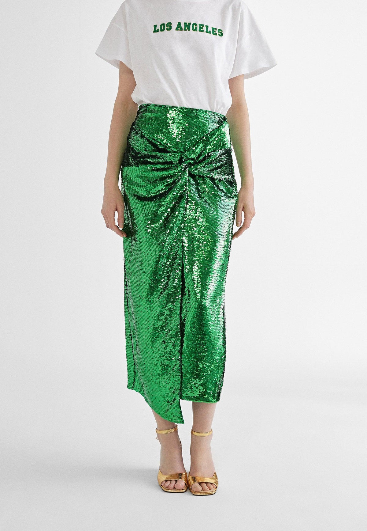 MS2408001-Green-Sequinned skirt with slit