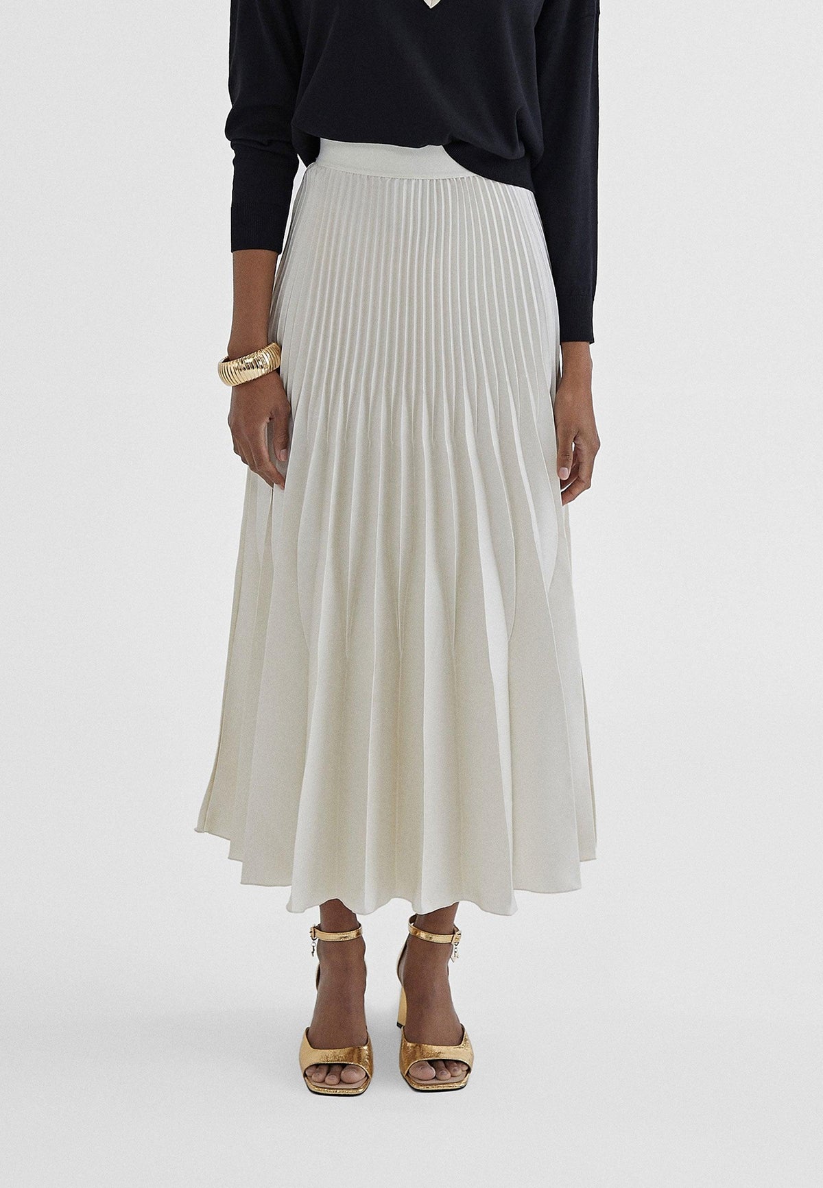 MS2408003-Ecru-Pleated midi skirt