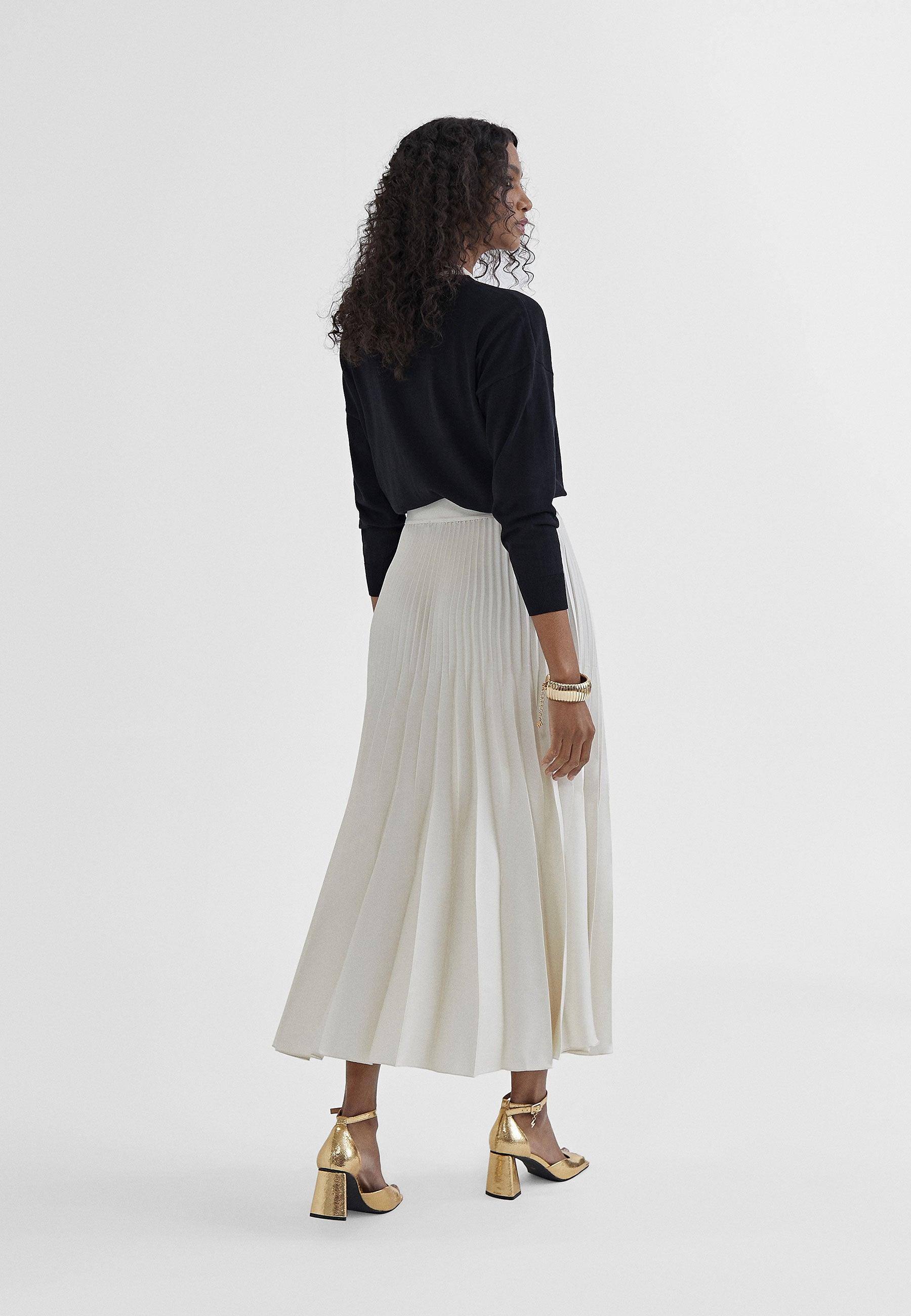 MS2408003-Ecru-Pleated midi skirt