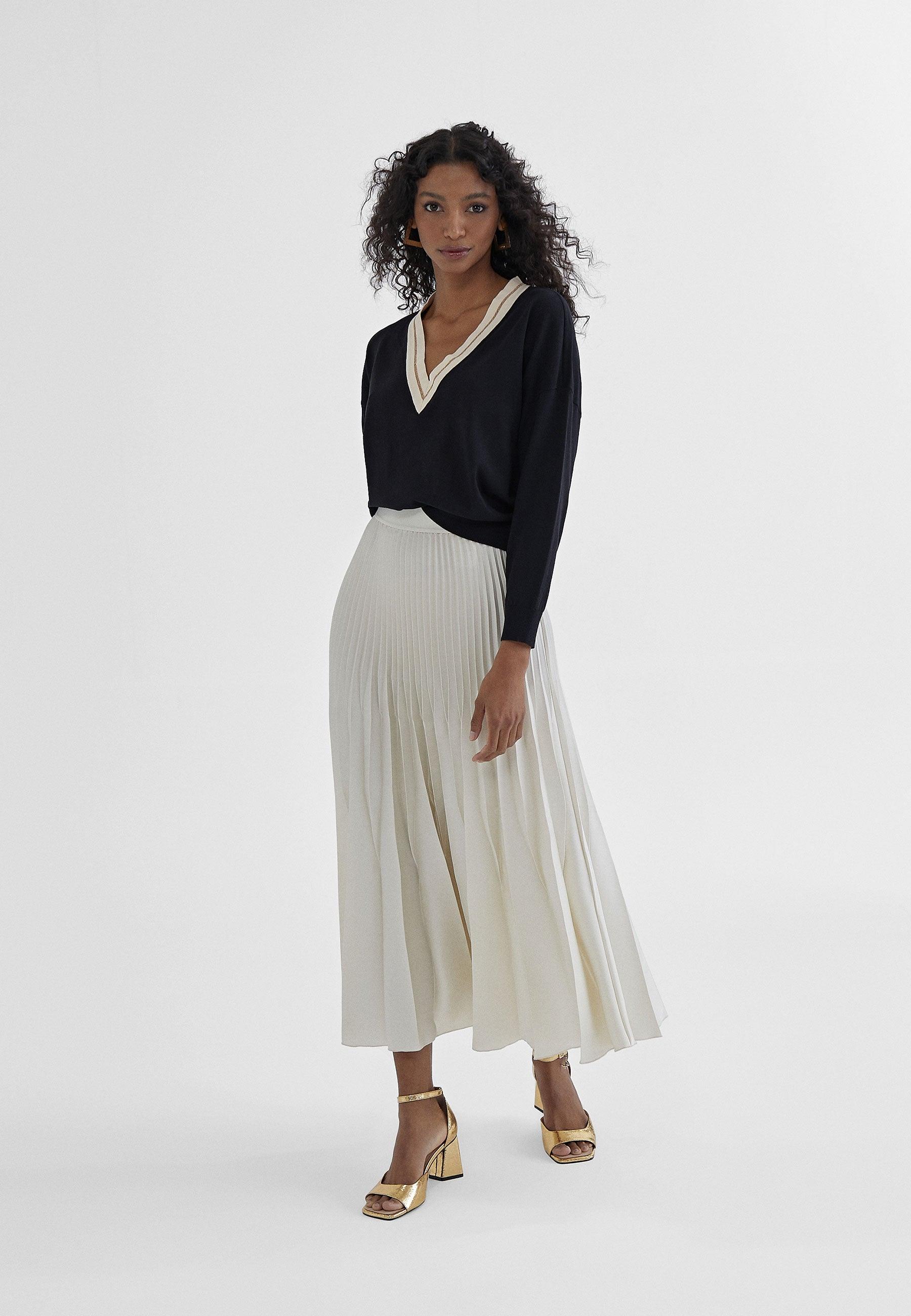 MS2408003-Ecru-Pleated midi skirt