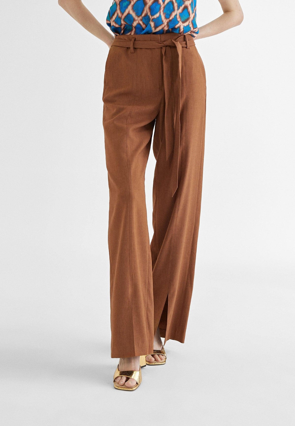 MS2414013-Brown-Trousers with belt and slits