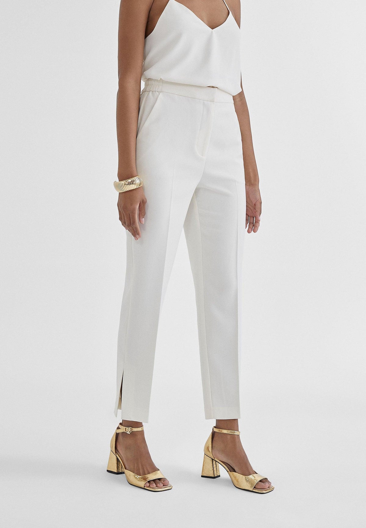 MS2414014-Ecru-Cropped trousers with slits