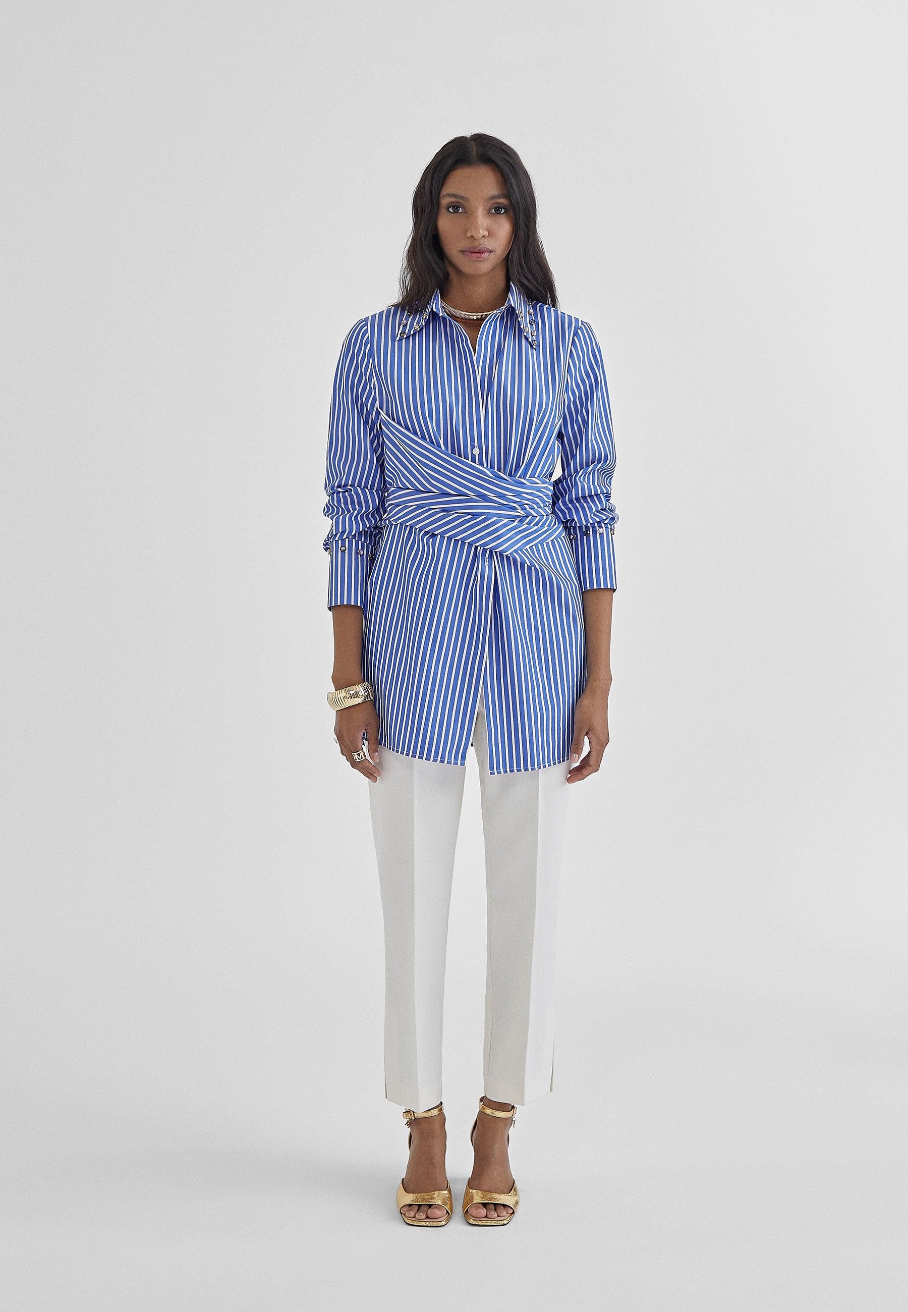 MS2415007-Blue-White-Striped shirt with knot