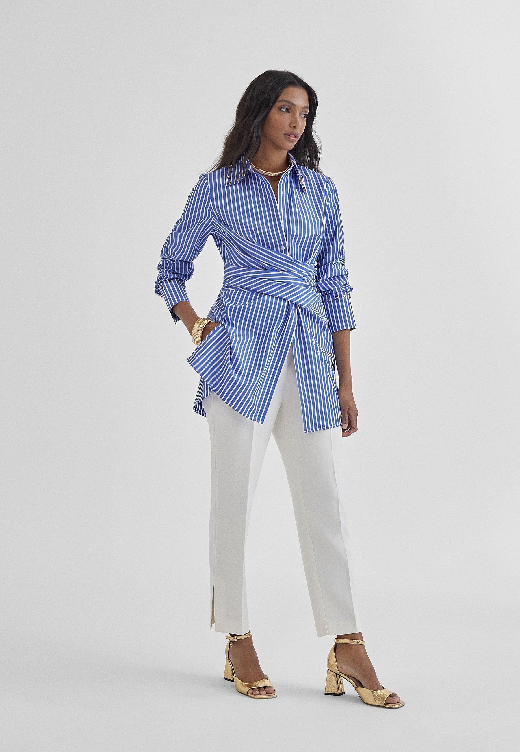 MS2415007-Blue-White-Striped shirt with knot