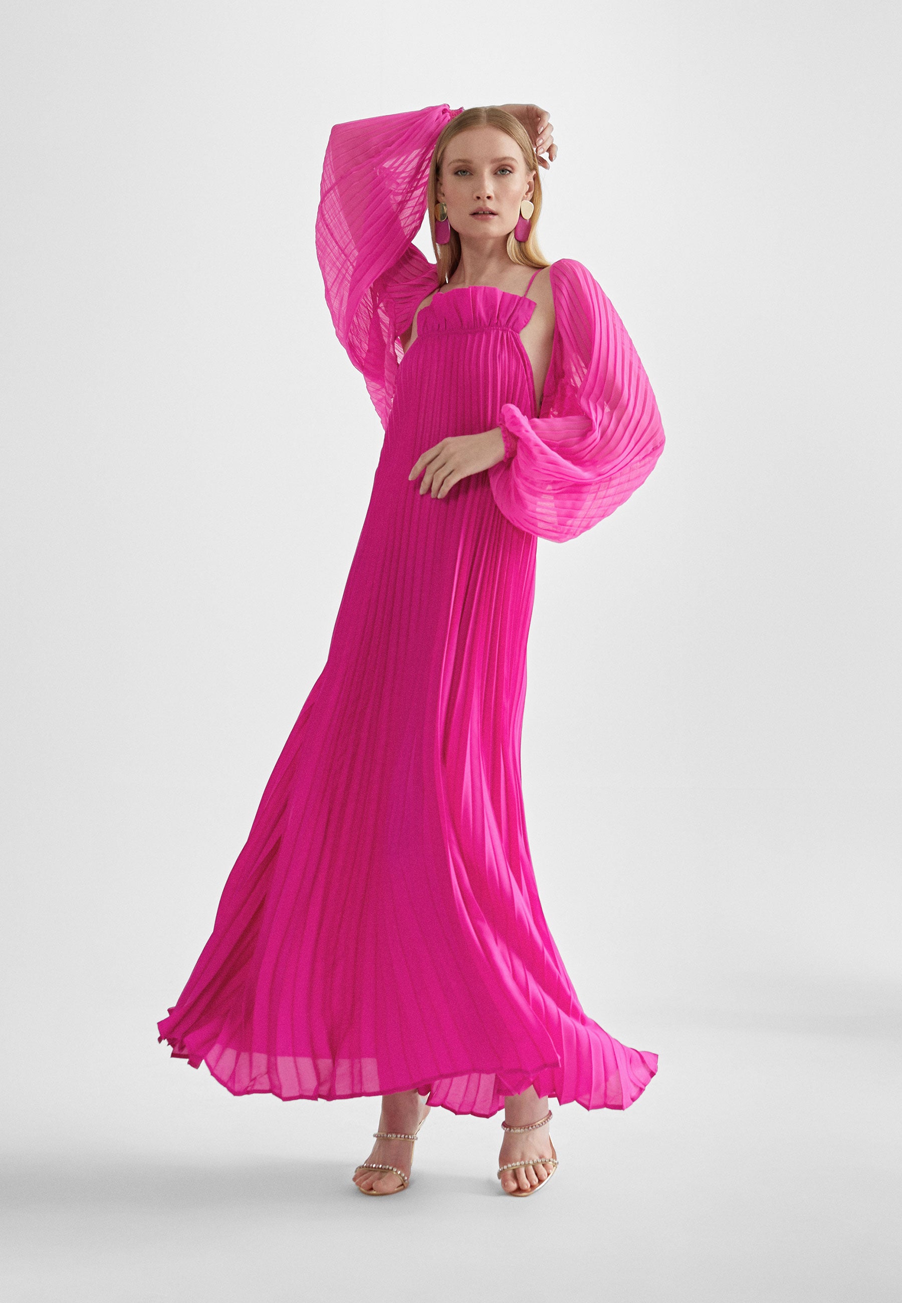 MS2416007-Fuchsia-Long pleated dress