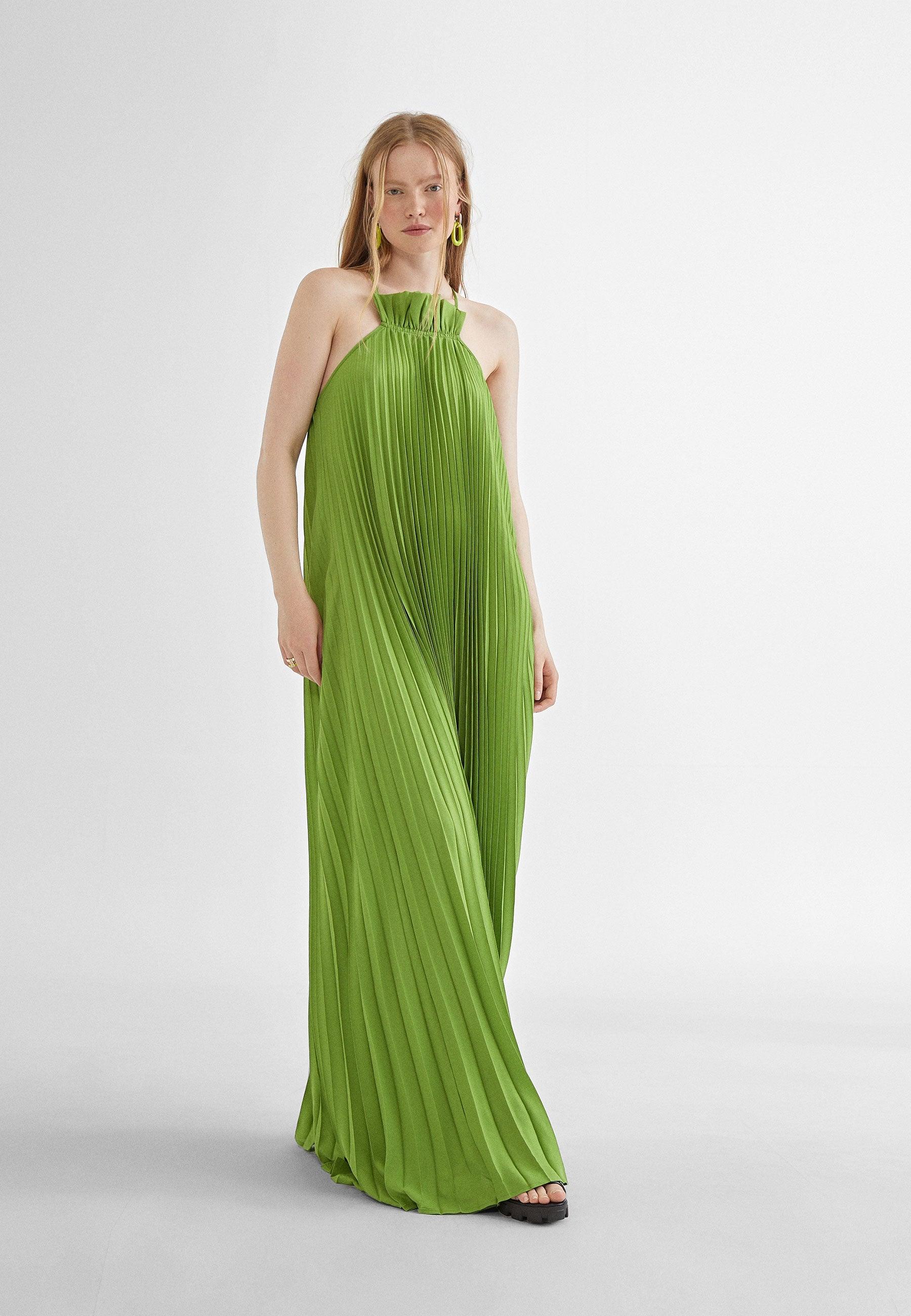 MS2416007-Pistachio-Long pleated dress