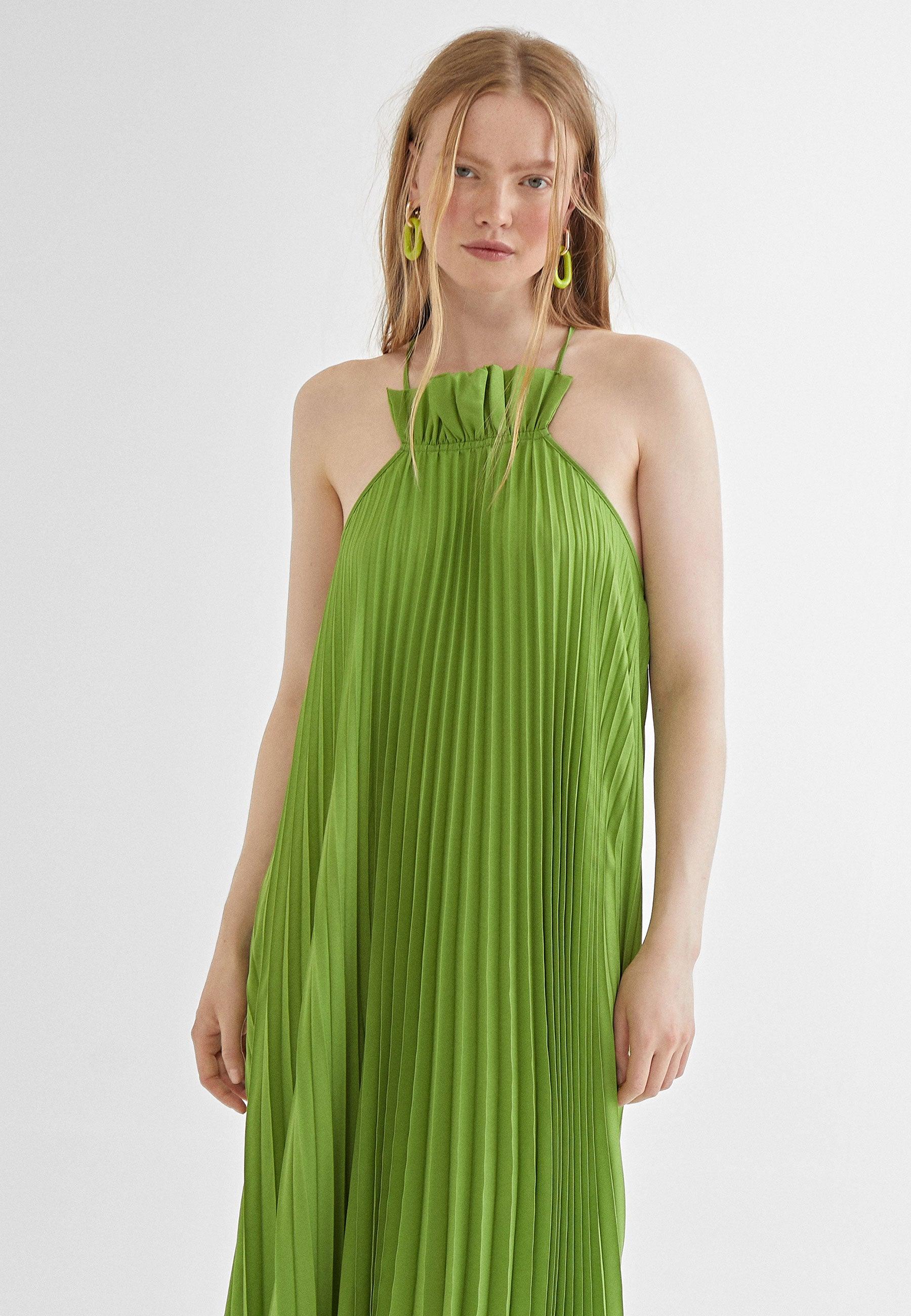 MS2416007-Pistachio-Long pleated dress