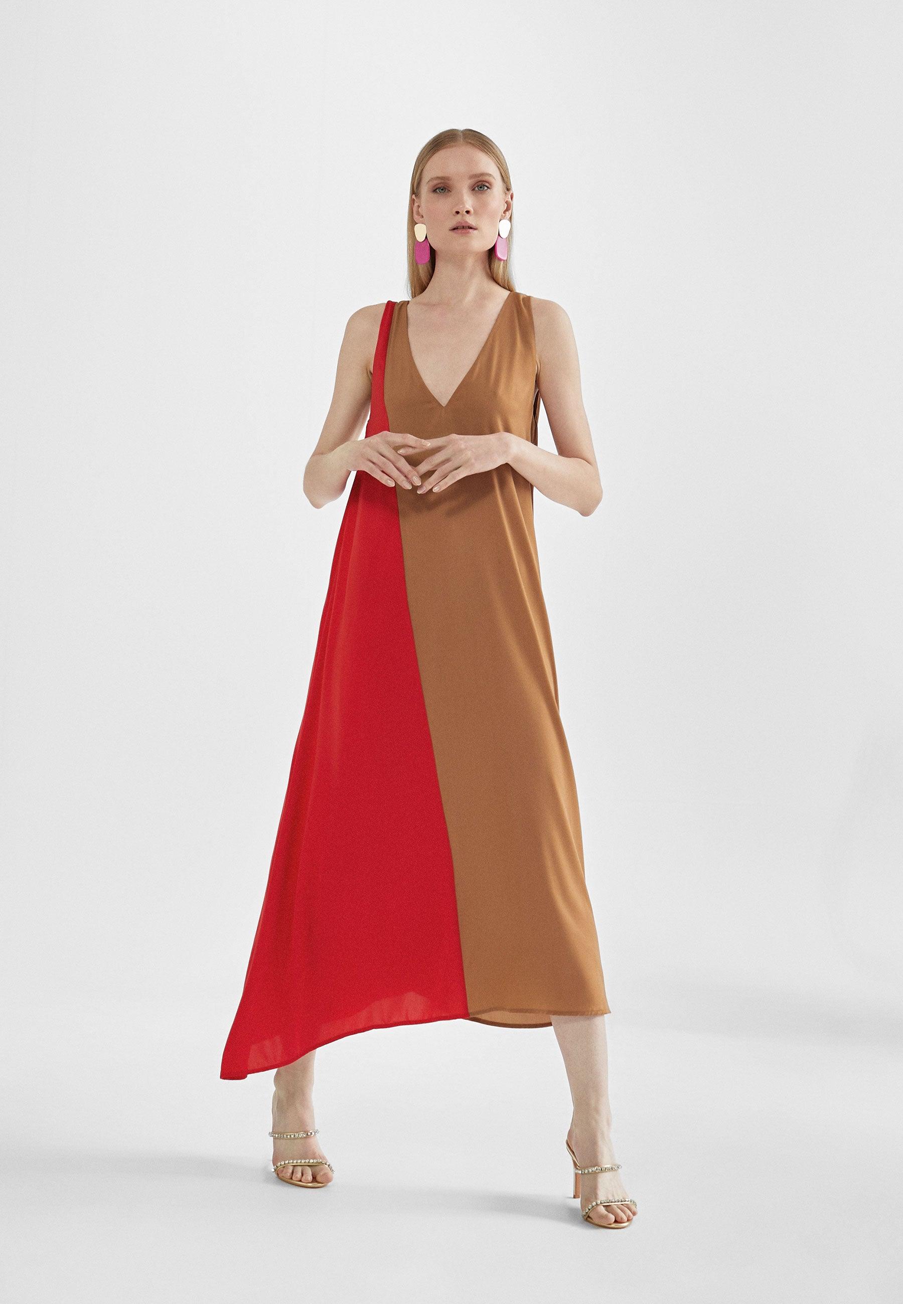 MS2416023-Brown-Red-Two-tone midi dress