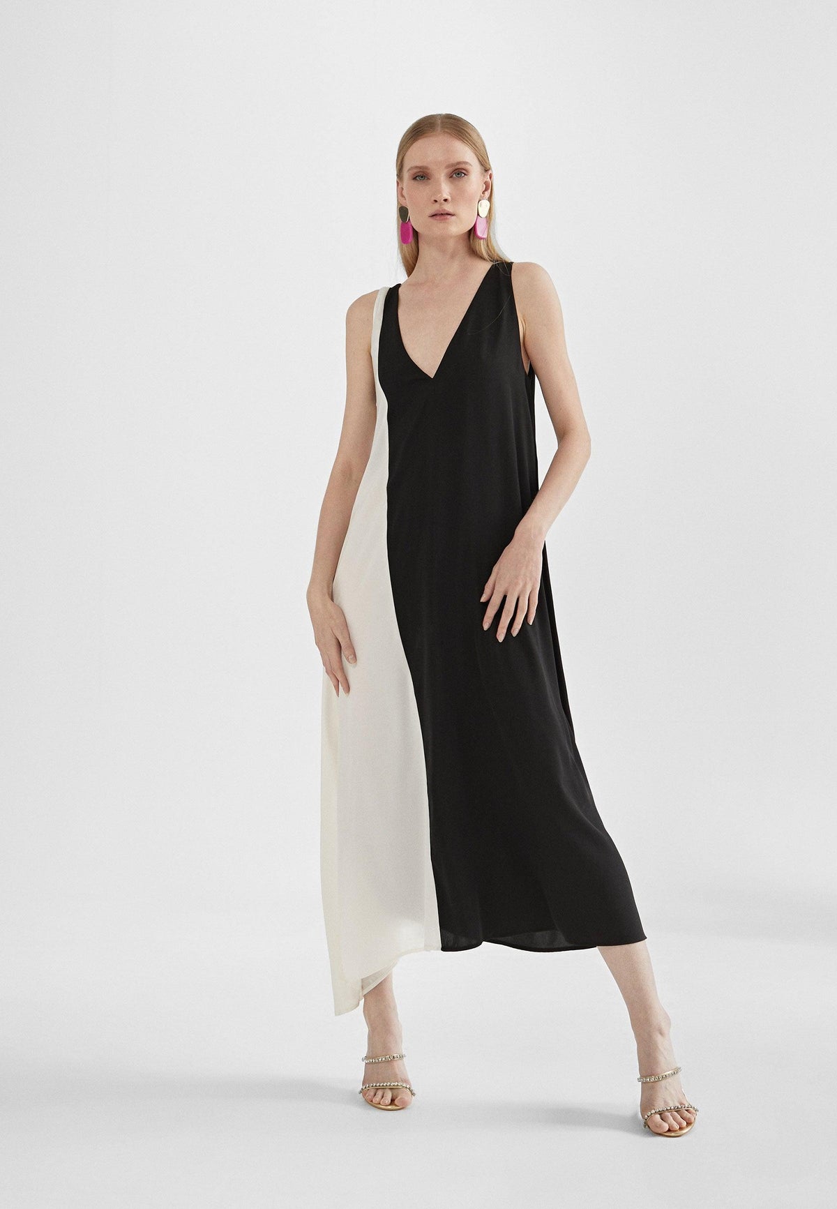 MS2416023-Black-Ecru-Two-tone midi dress