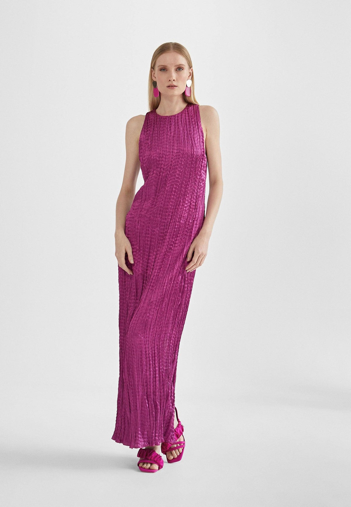 MS2416024-Magenta-Long pleated effect midi dress