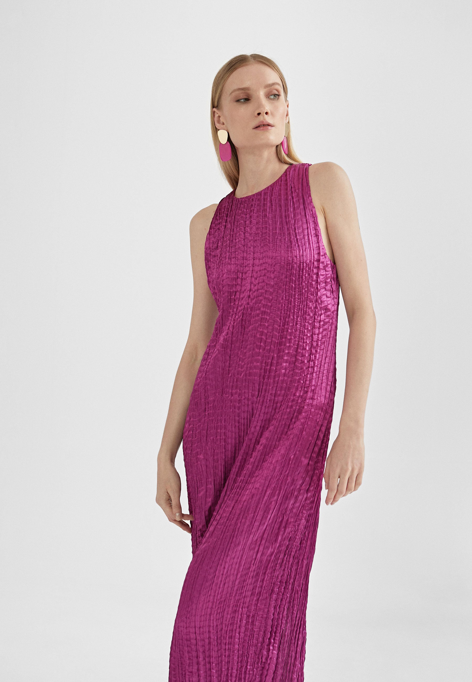 MS2416024-Magenta-Long pleated effect midi dress