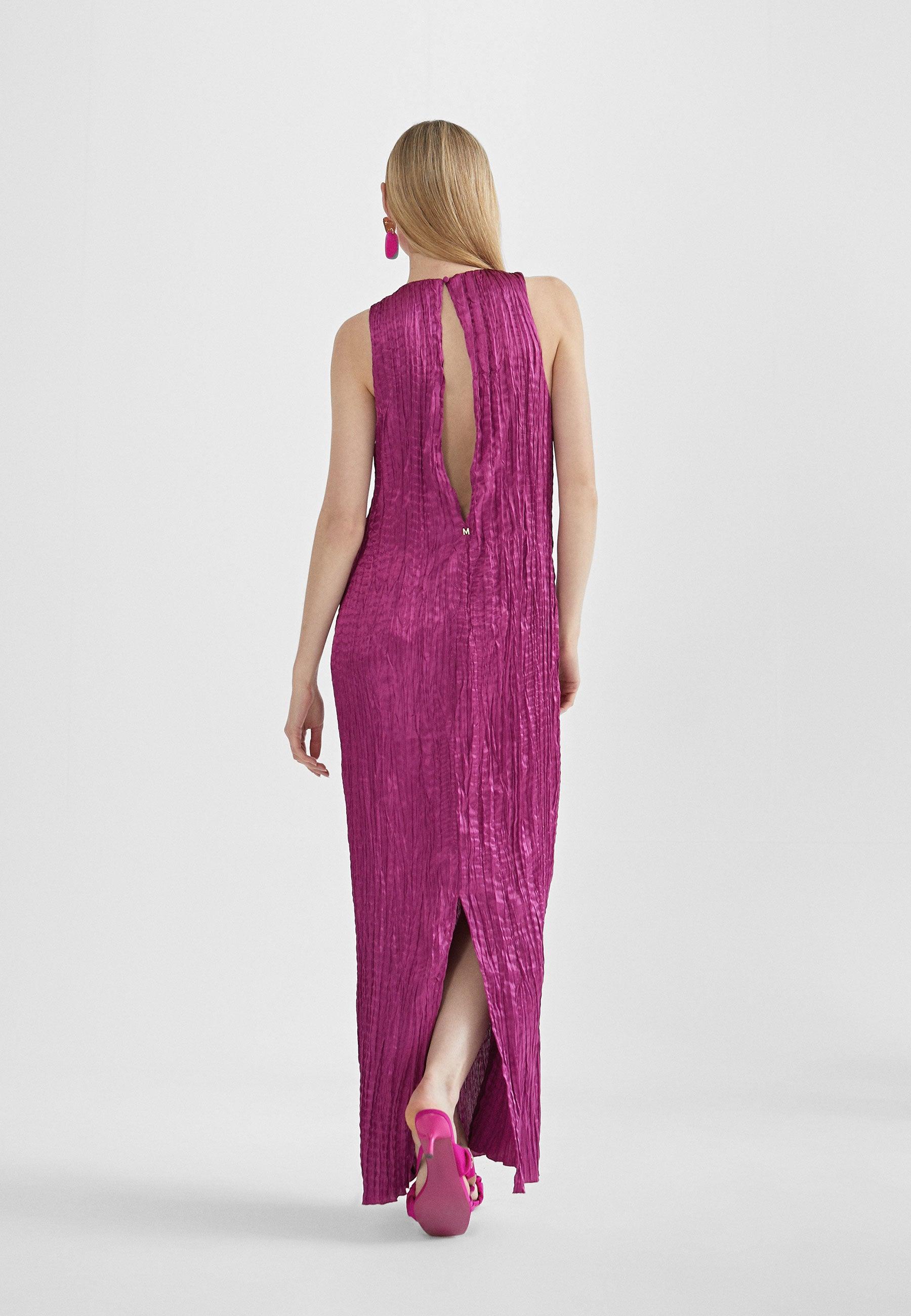 MS2416024-Magenta-Long pleated effect midi dress