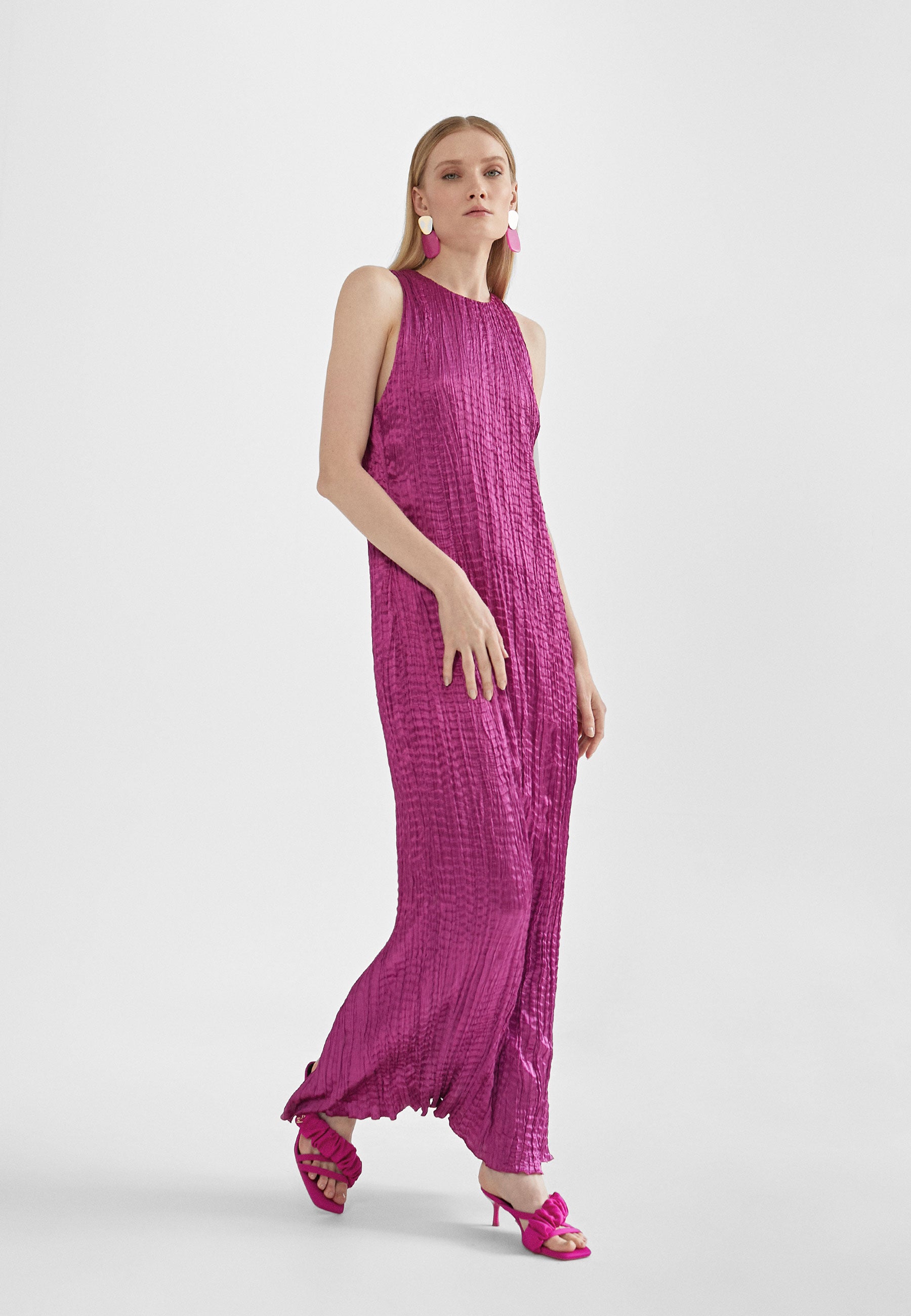 MS2416024-Magenta-Long pleated effect midi dress